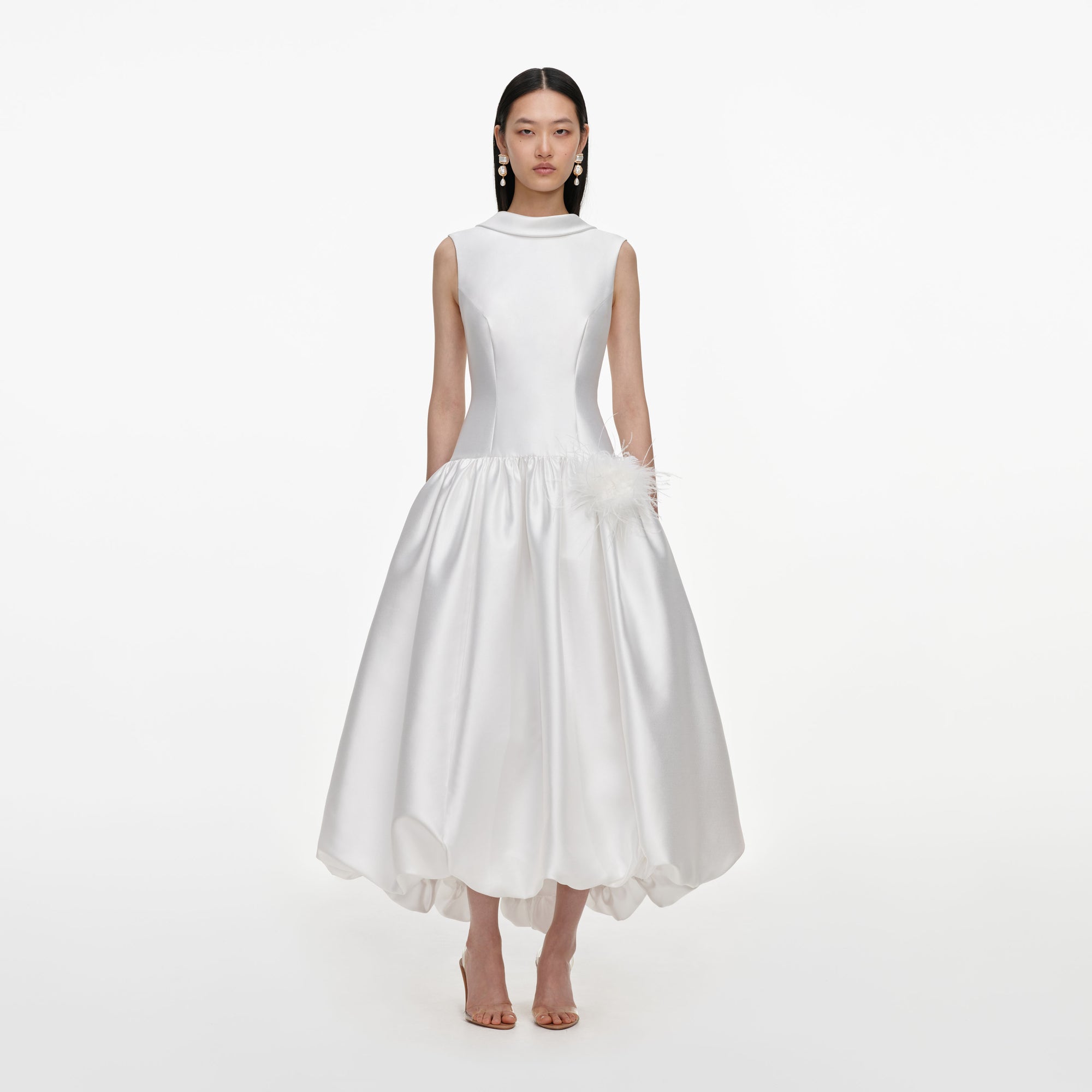 White Taffeta Bubble Hem Midi Dress