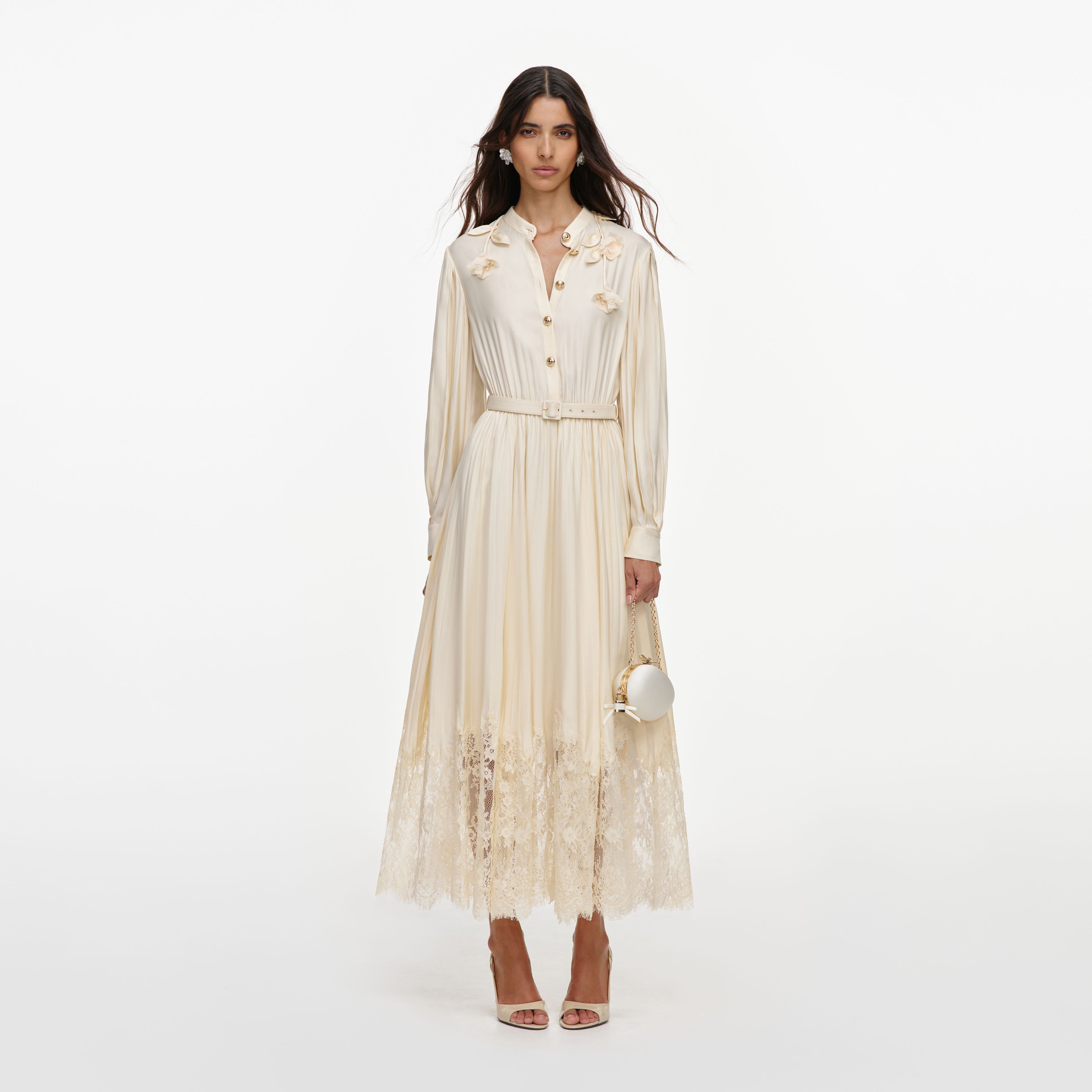 self portrait amelia pleated lace dress Belted crystal-embellished pleated lace mini dress - cream