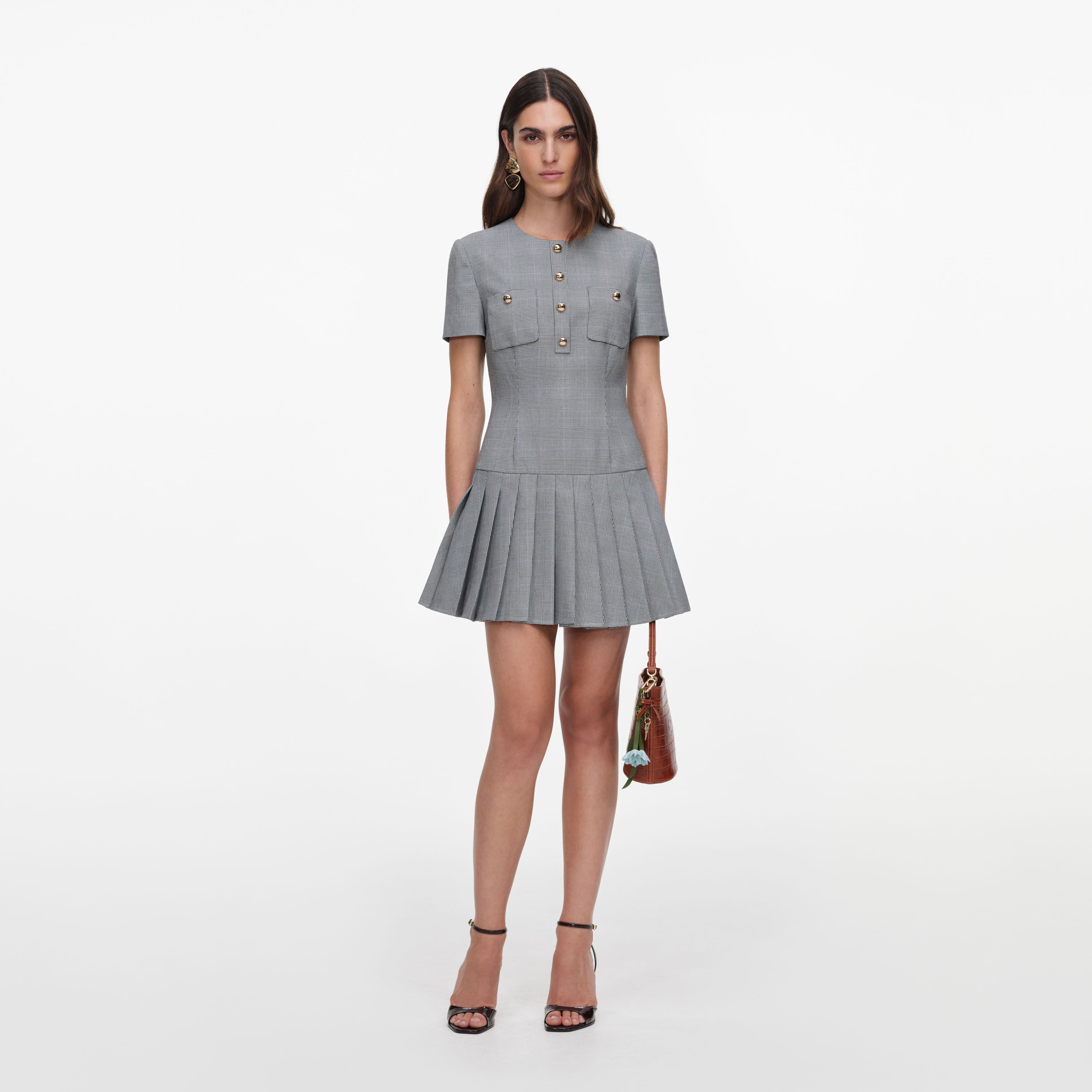 Grey Check Pleated Mini Dress