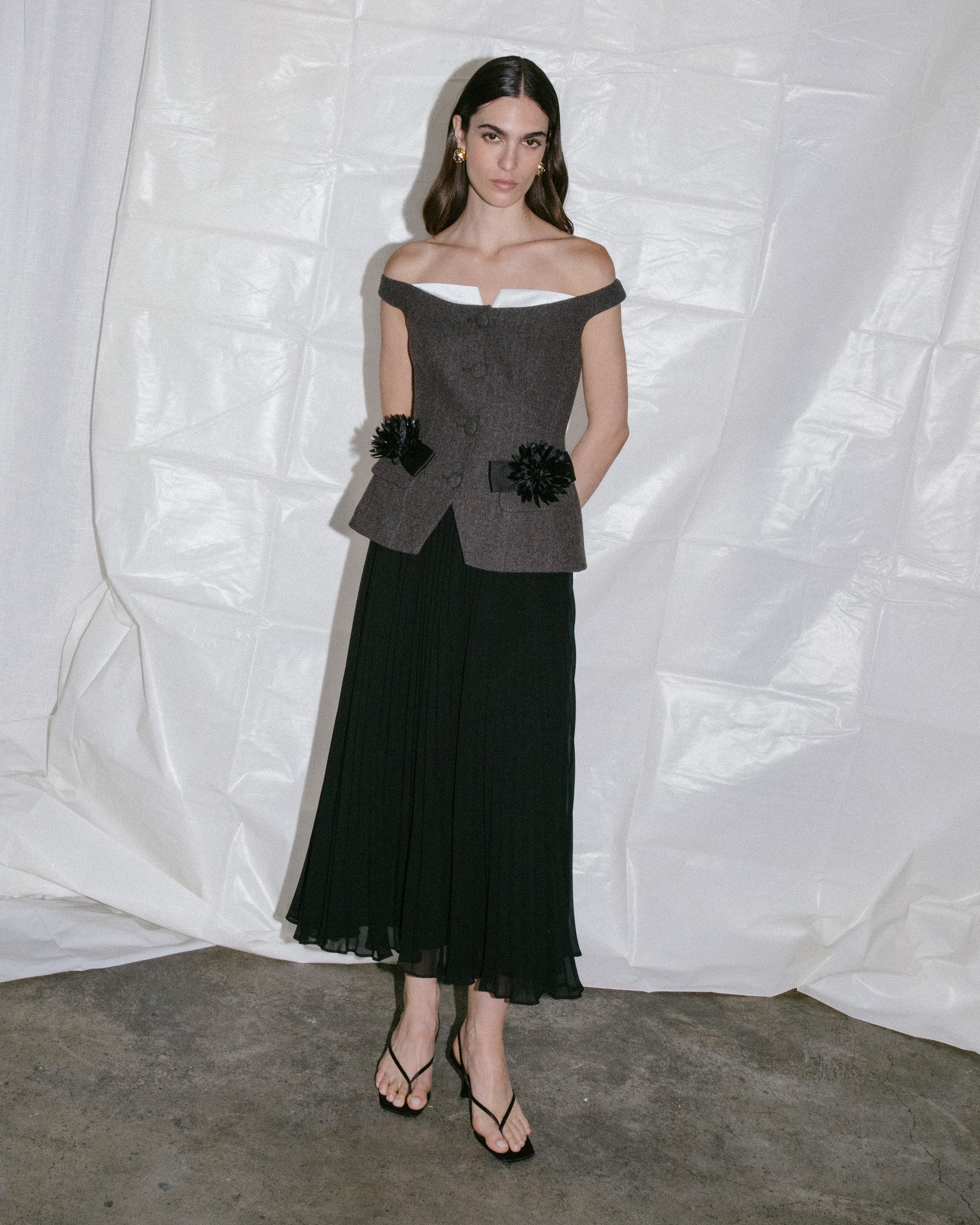 Brown Off Shoulder Chiffon Midi Dress