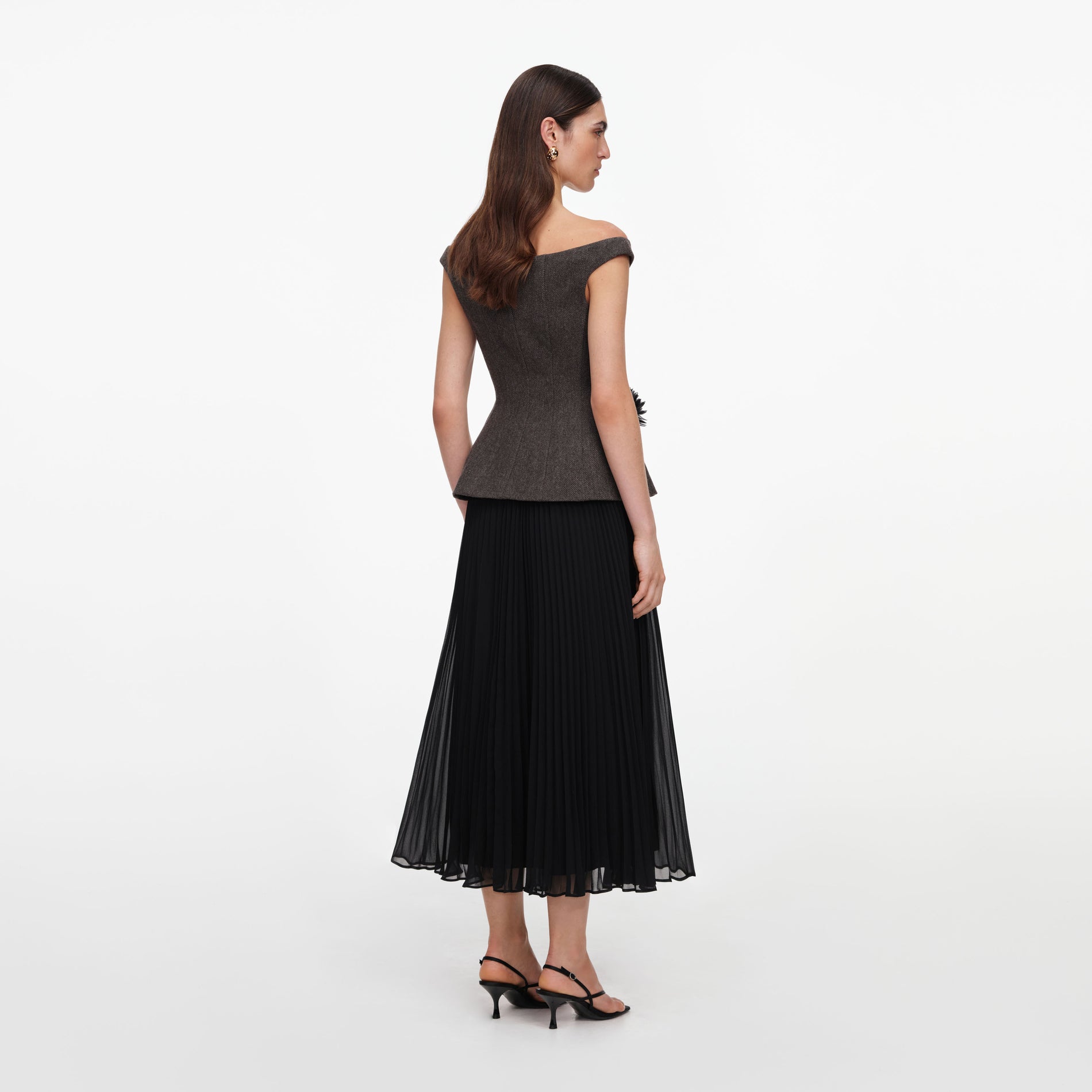 Brown Off Shoulder Chiffon Midi Dress