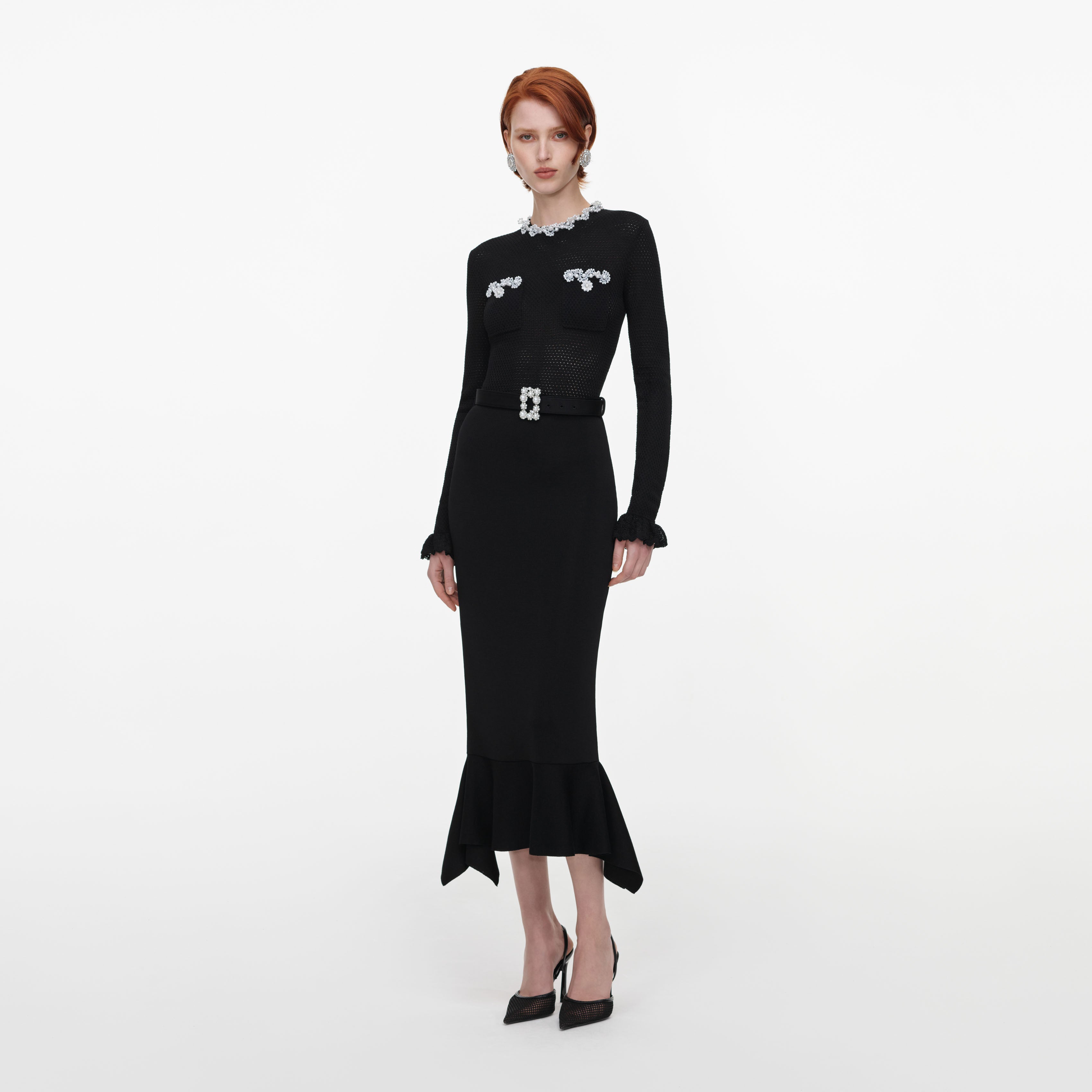 Black Pearl Trim Knit Midi Dress