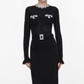 Black Pearl Trim Knit Midi Dress