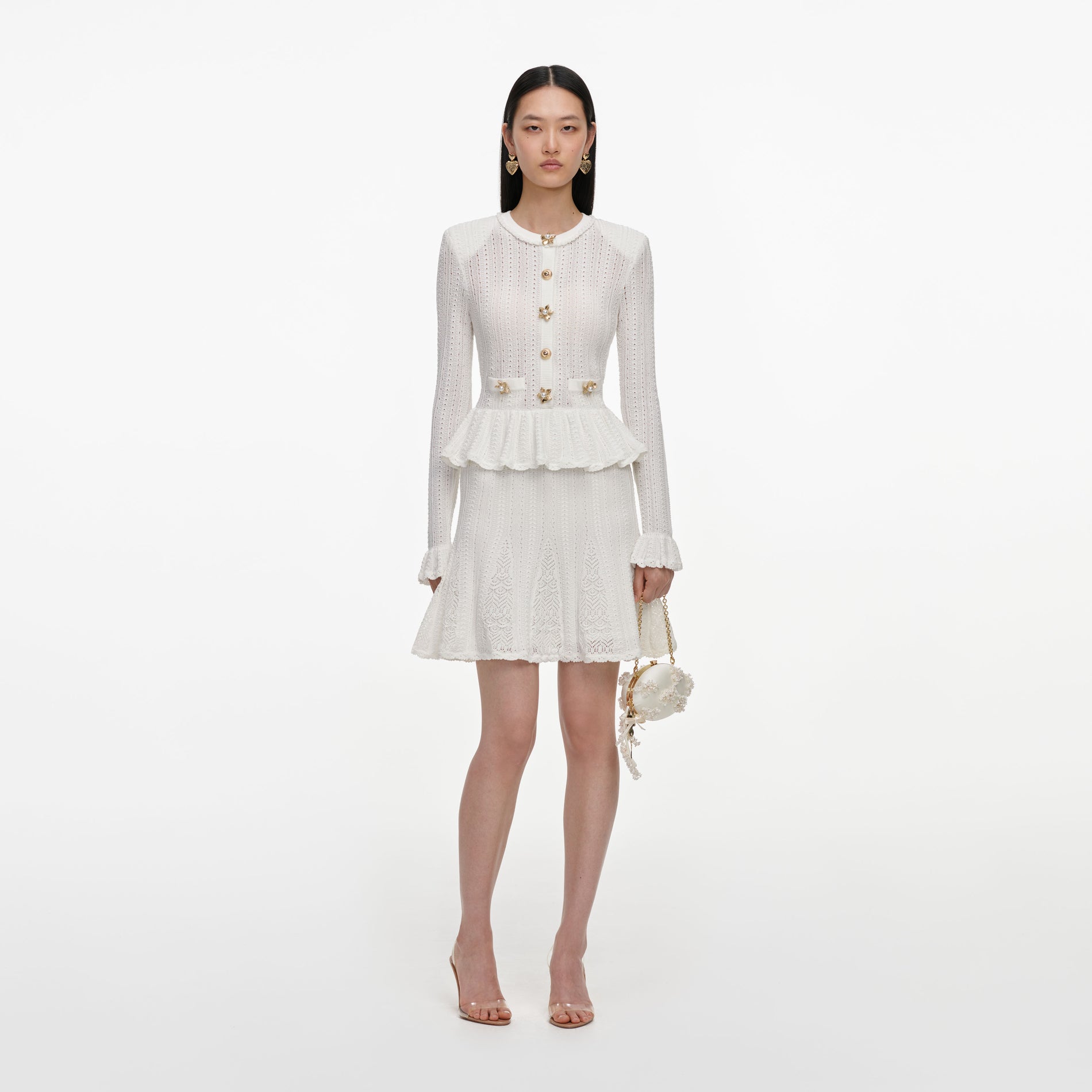 White Pointelle Peplum Knit Mini Dress