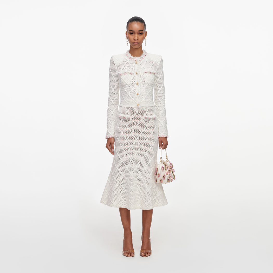 Cream Fringe Knit Midi Skirt