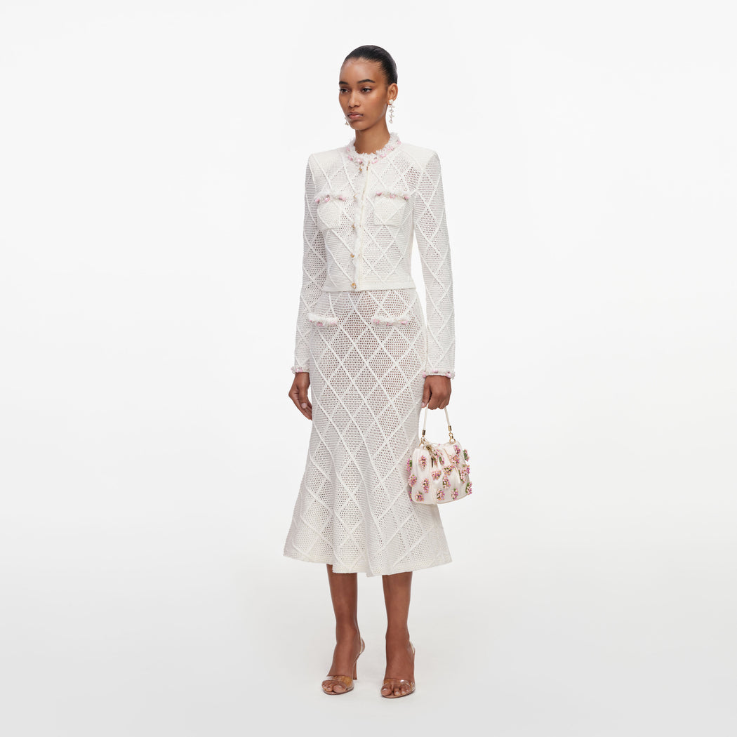 Cream Fringe Knit Midi Skirt