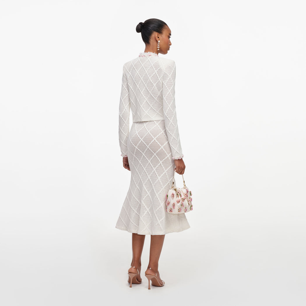 Cream Fringe Knit Midi Skirt