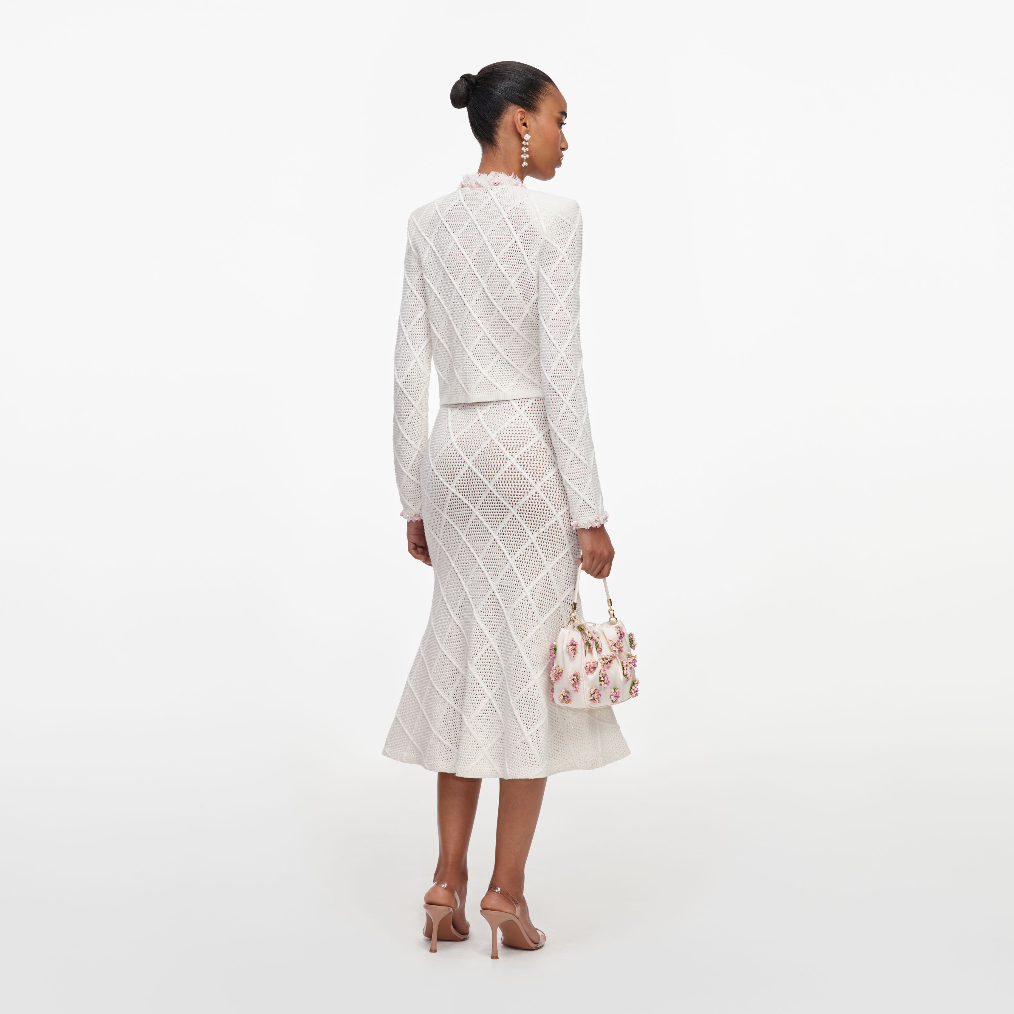 Cream Fringe Knit Midi Skirt