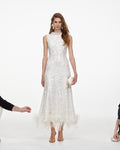 White Sequin Lace Feather Midi Dress
