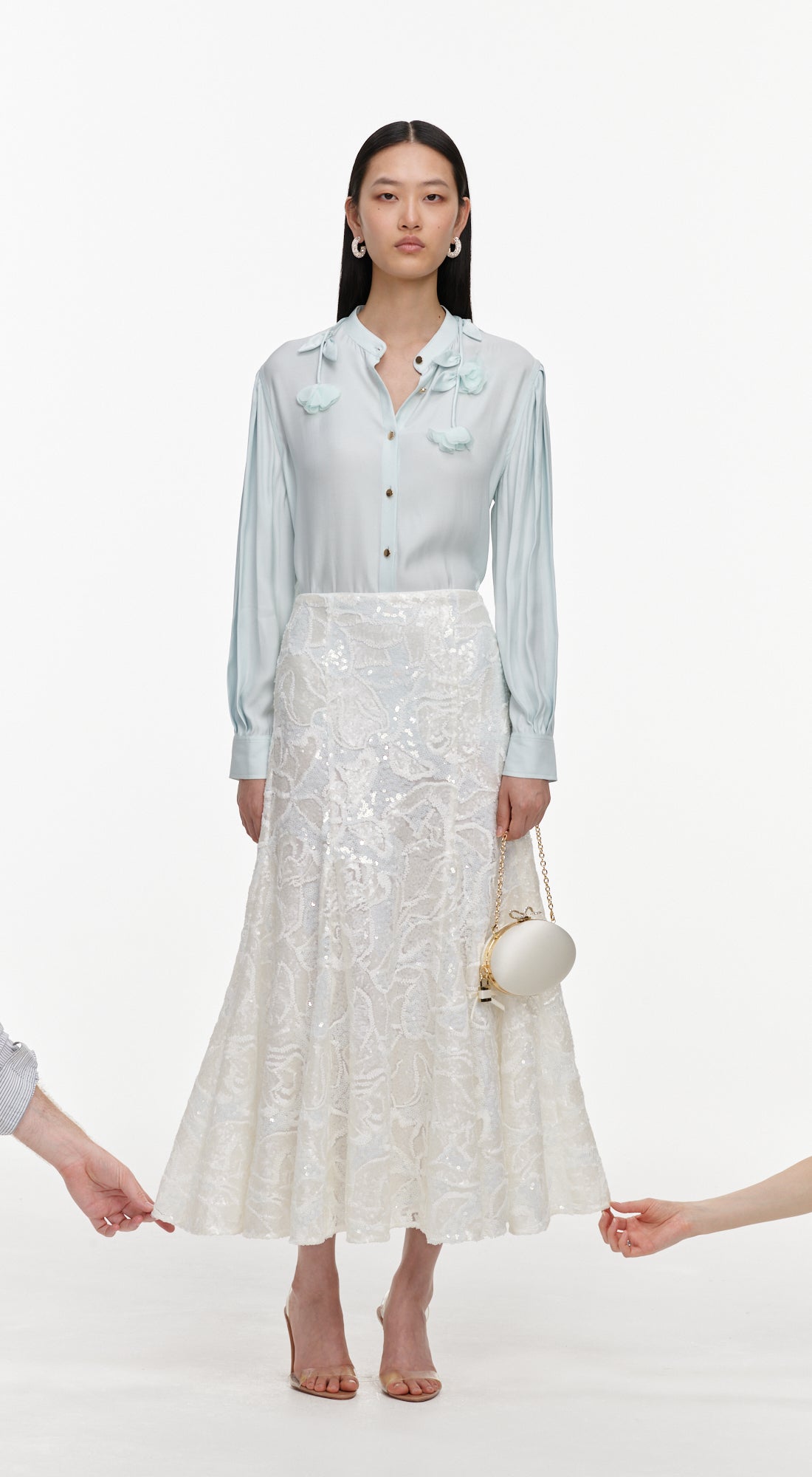 White Sequin Lace Midi Skirt