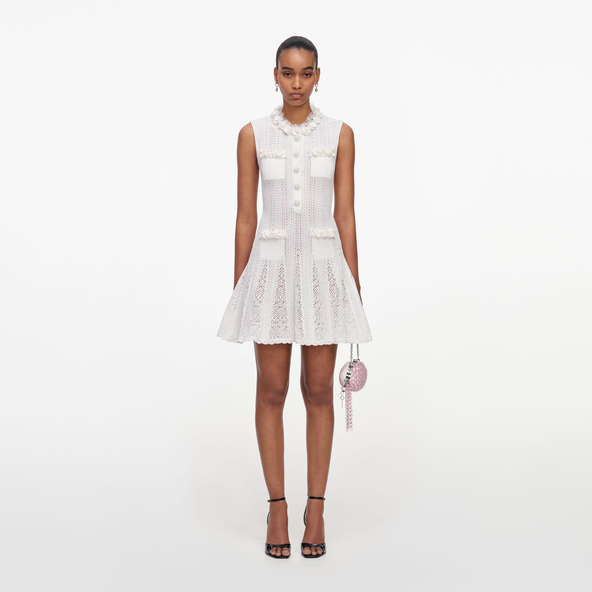 White Flower Trim Knit Mini Dress