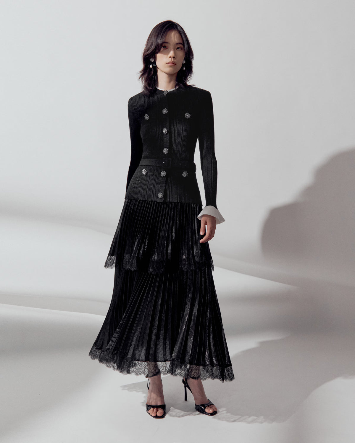 Black Knit Metallic Chiffon Midi Dress