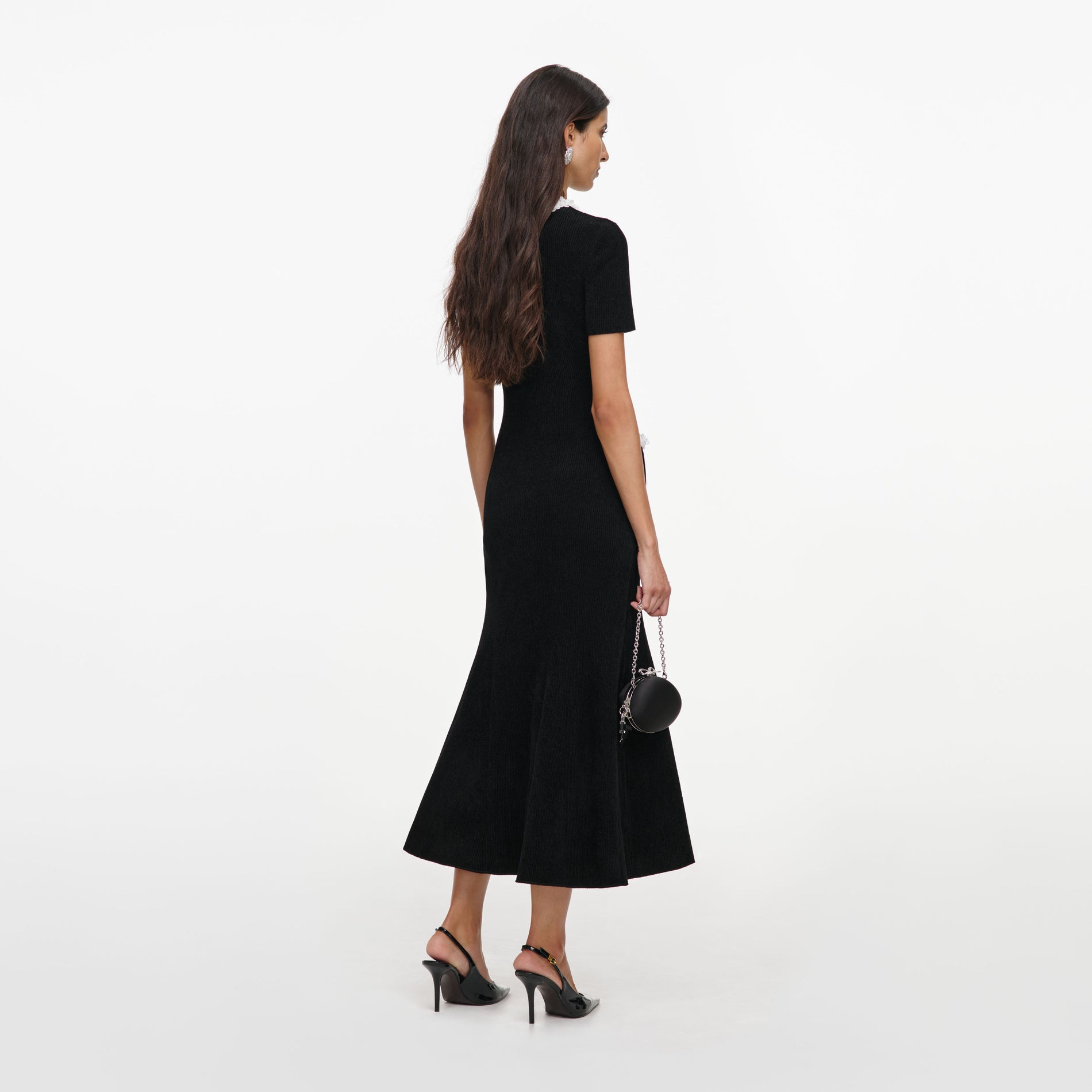 Black Chenille Knit Flower Trim Midi Dress