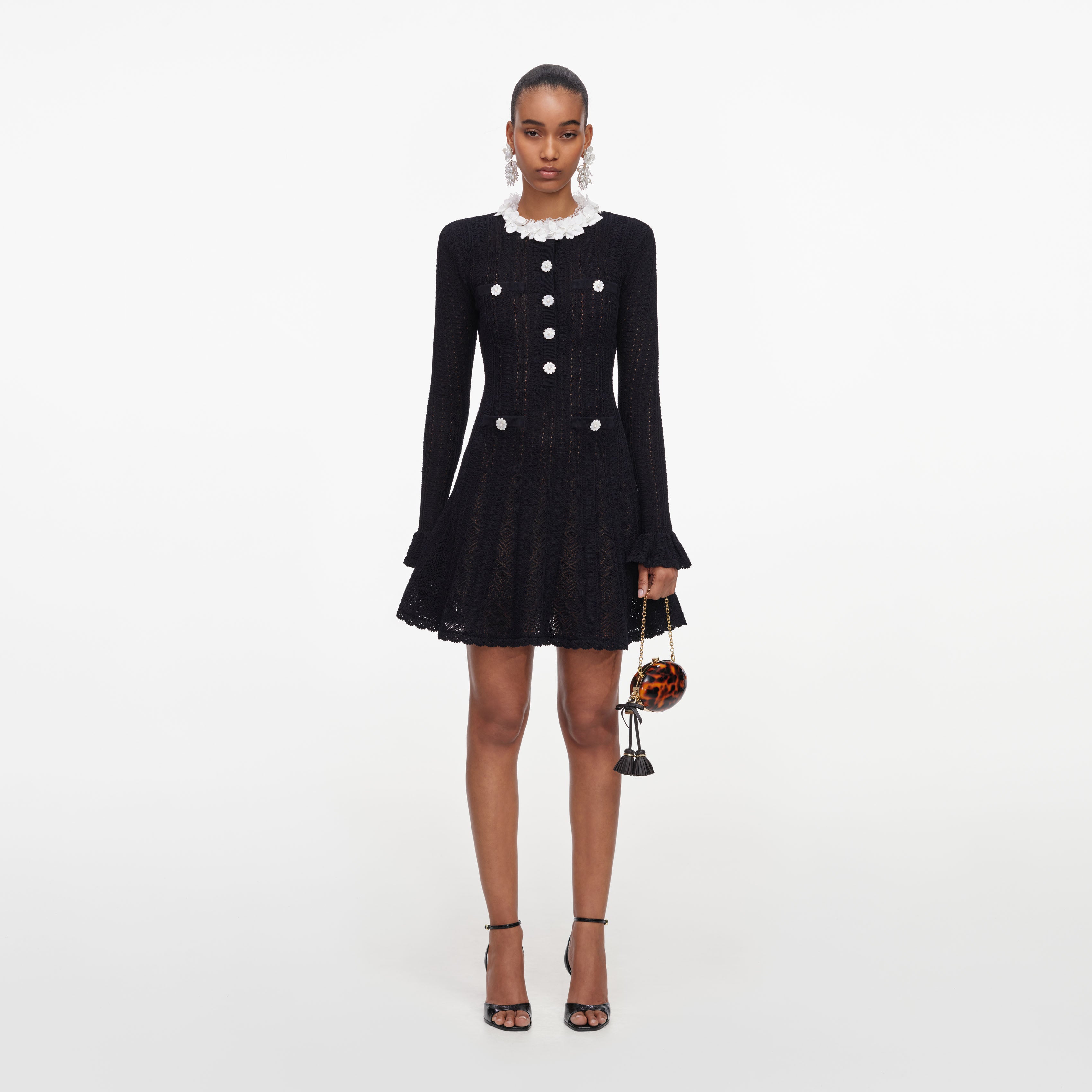 Black Flower Trim Knit Mini Dress – self-portrait