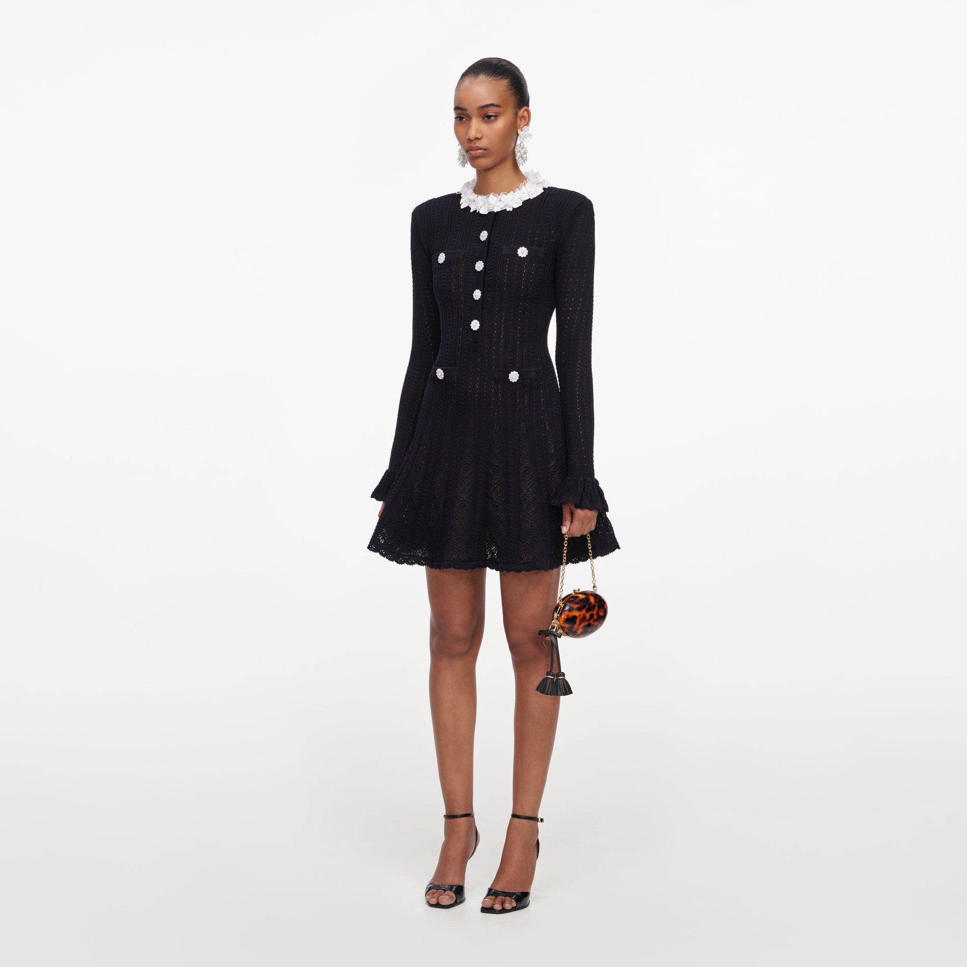 Black Flower Trim Knit Mini Dress