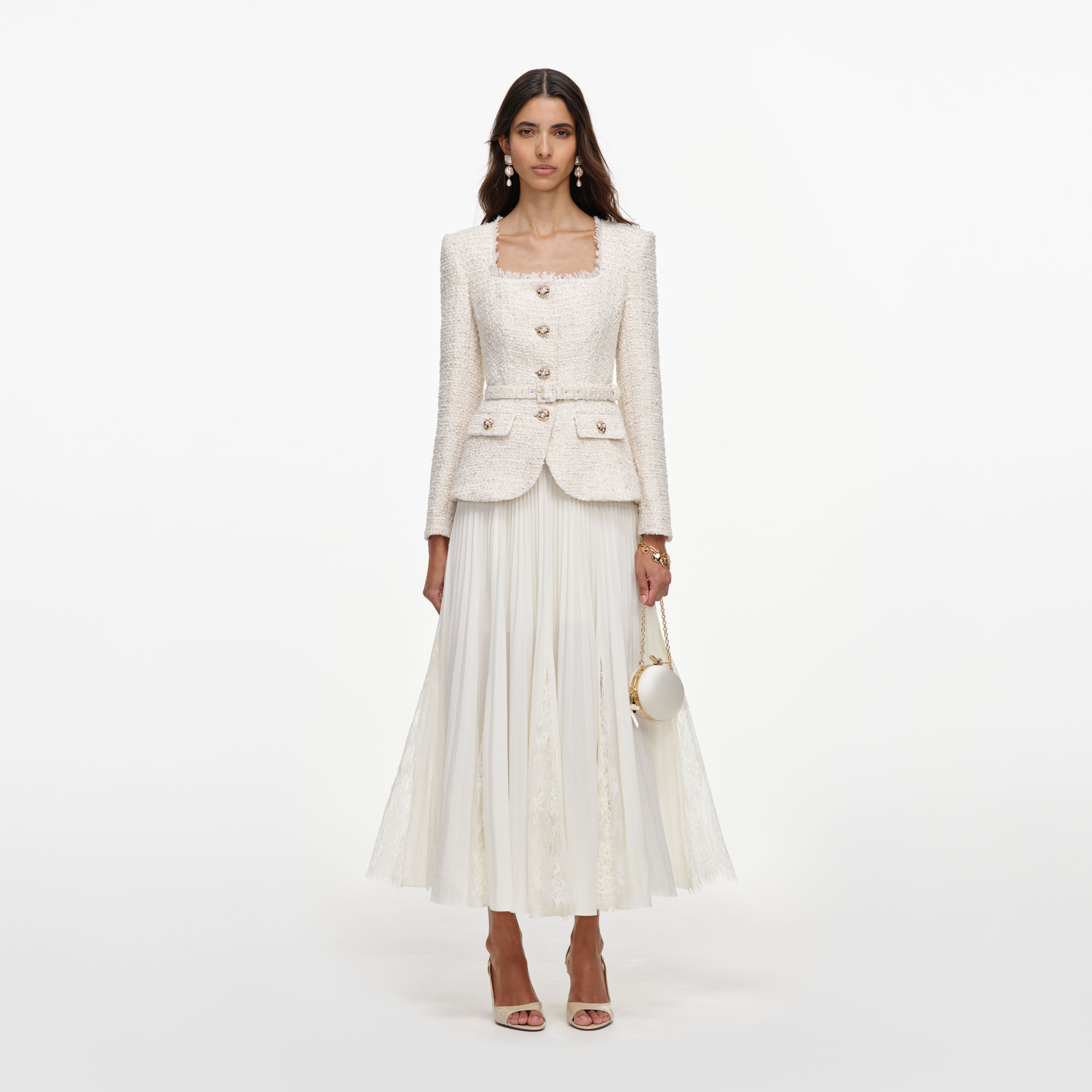 Cream Tailored Boucle And Chiffon Midi Dress – self-portrait