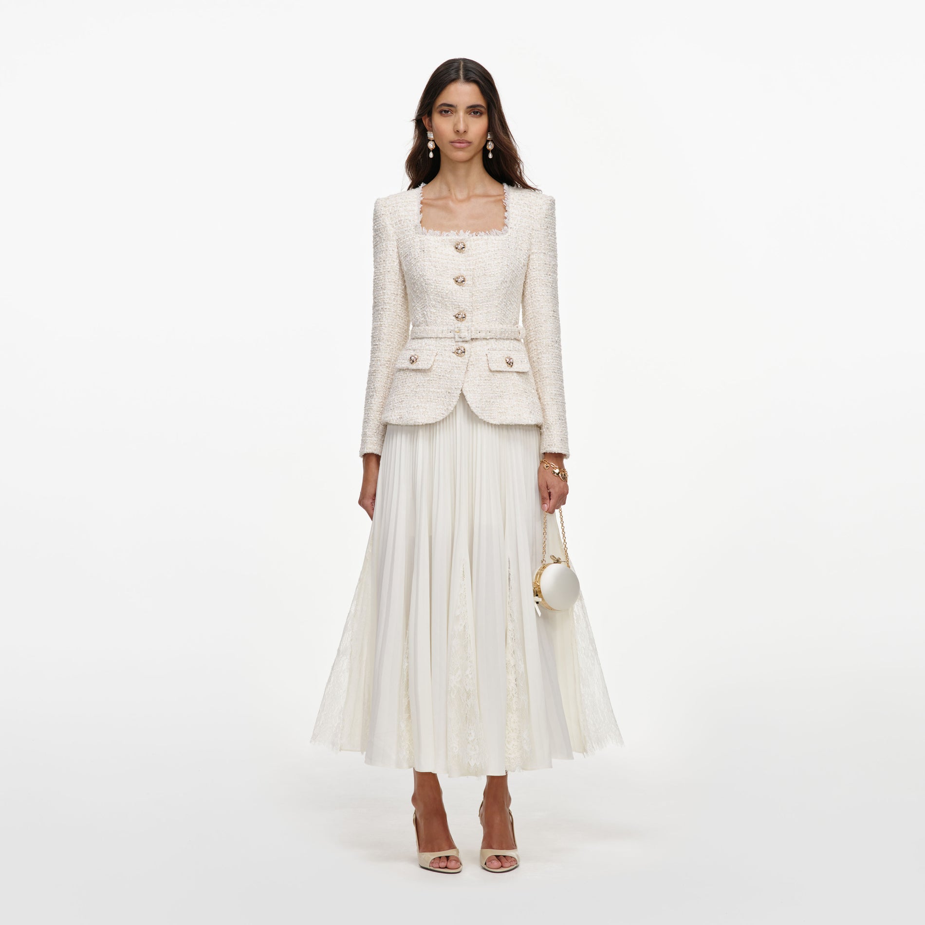 Cream Tailored Boucle And Chiffon Midi Dress