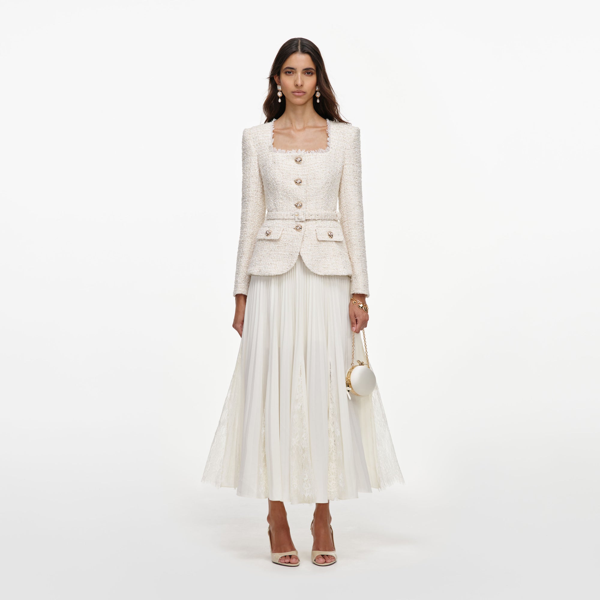 Cream Tailored Boucle And Chiffon Midi Dress