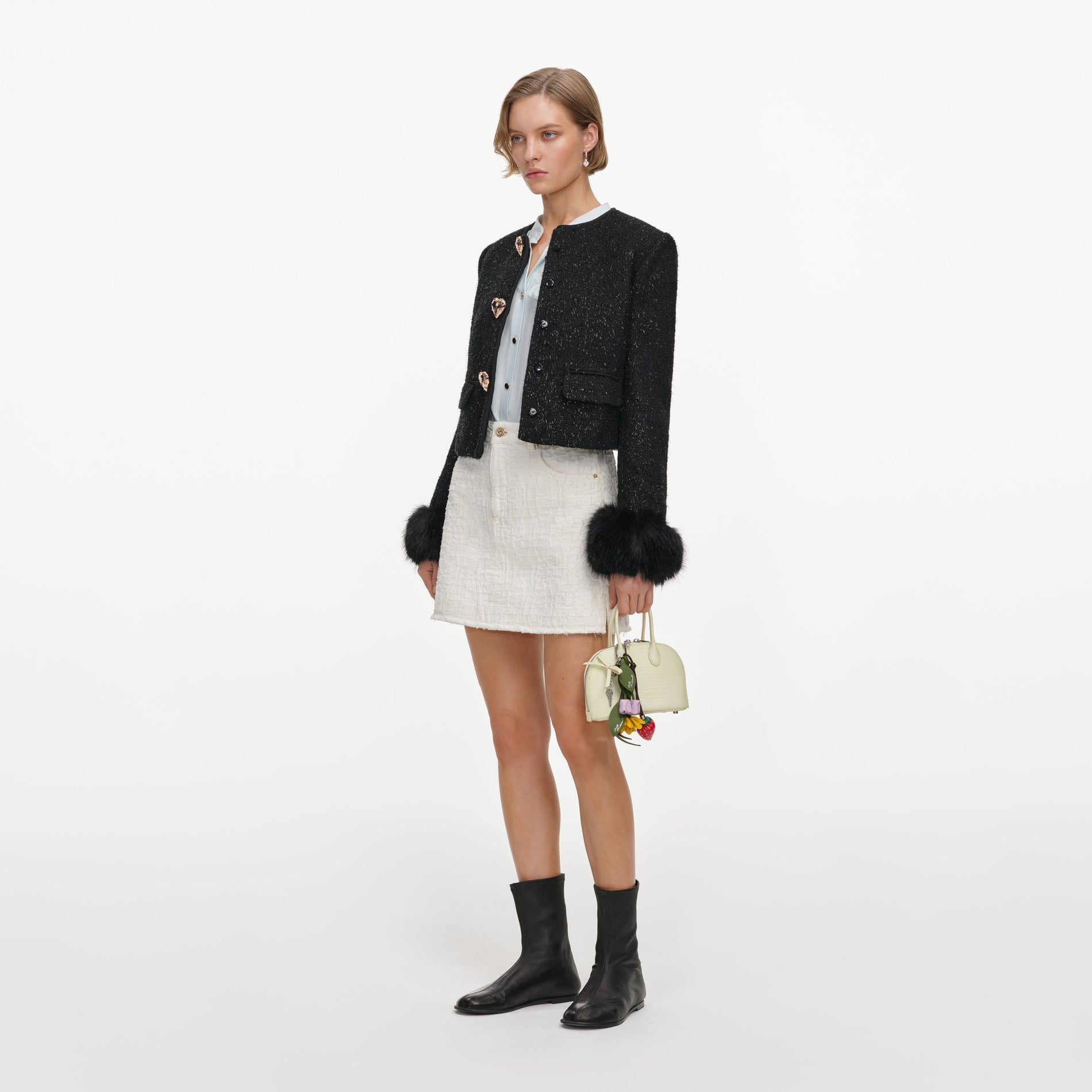 Black Metallic Boucle Fur Cuff Jacket