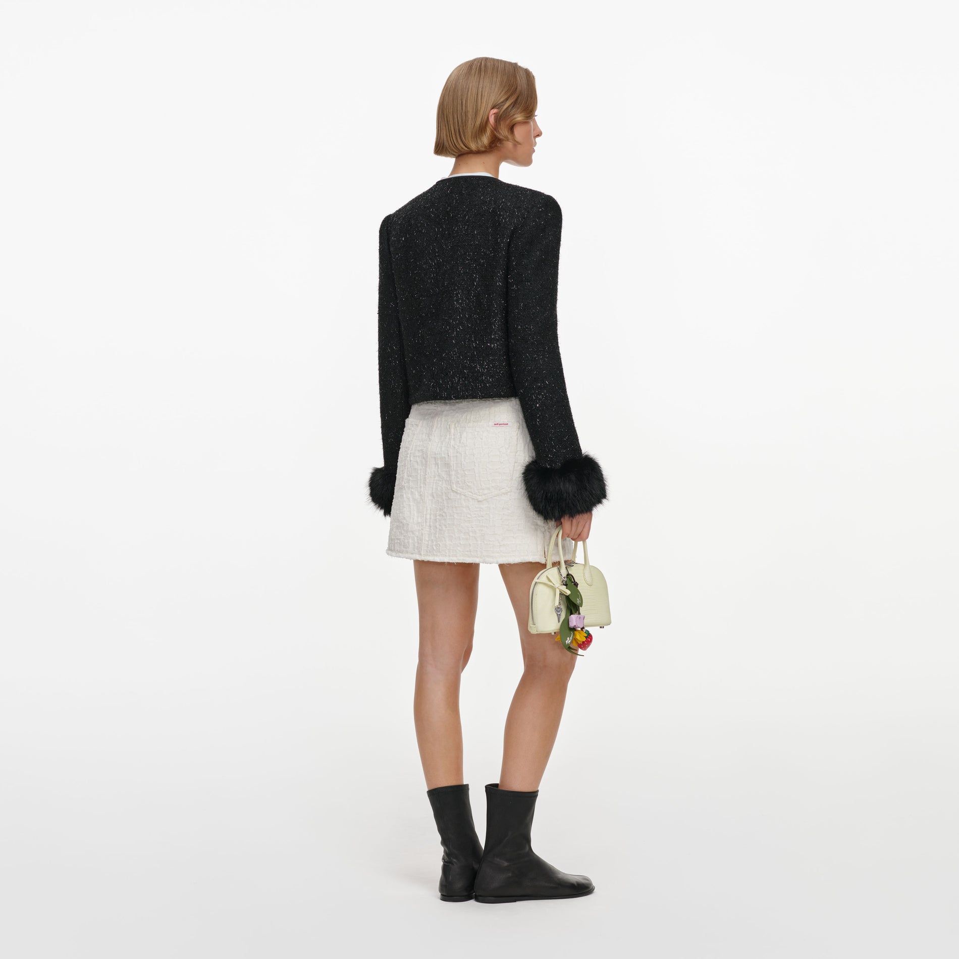 Black Metallic Boucle Fur Cuff Jacket