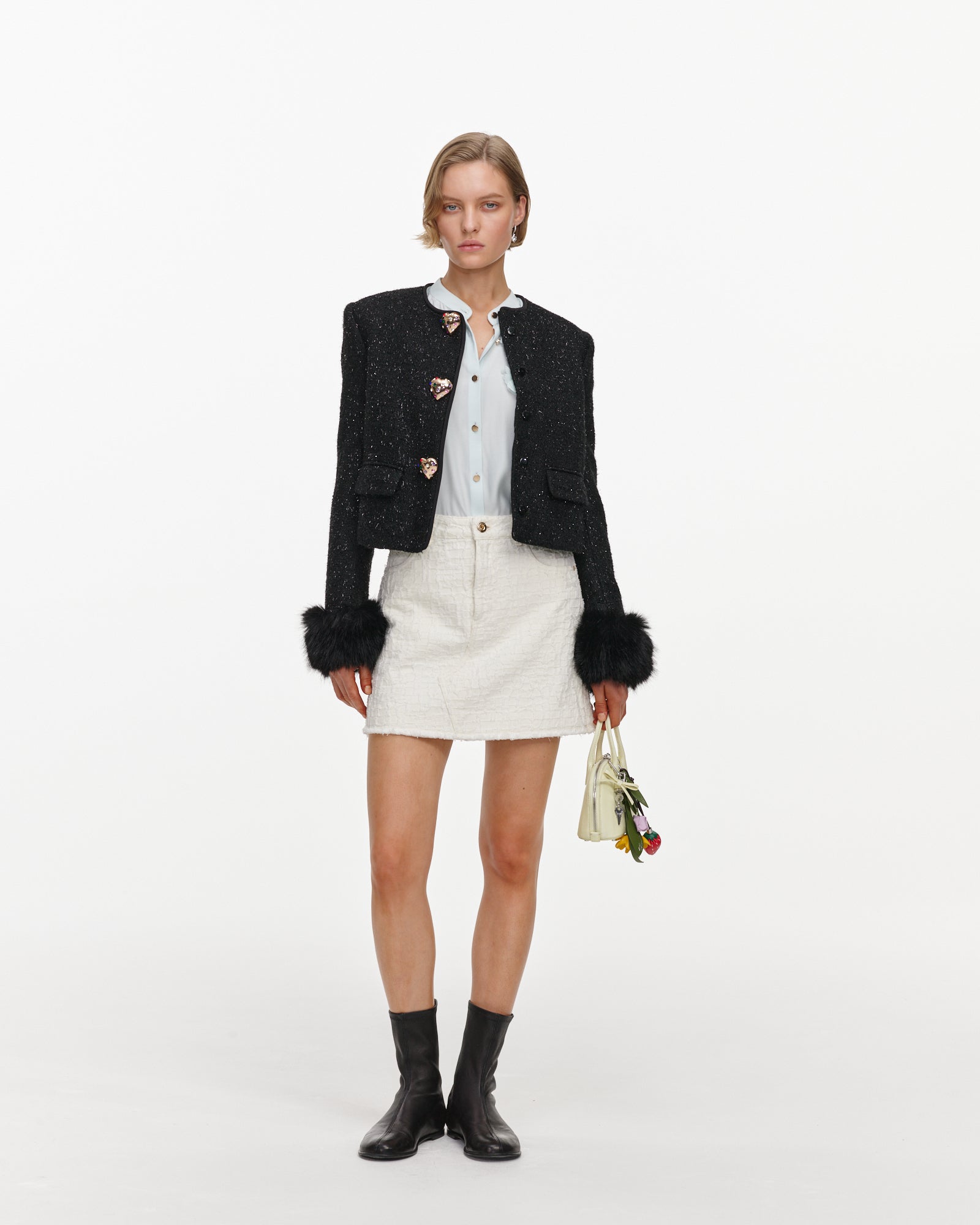 Black Metallic Boucle Fur Cuff Jacket