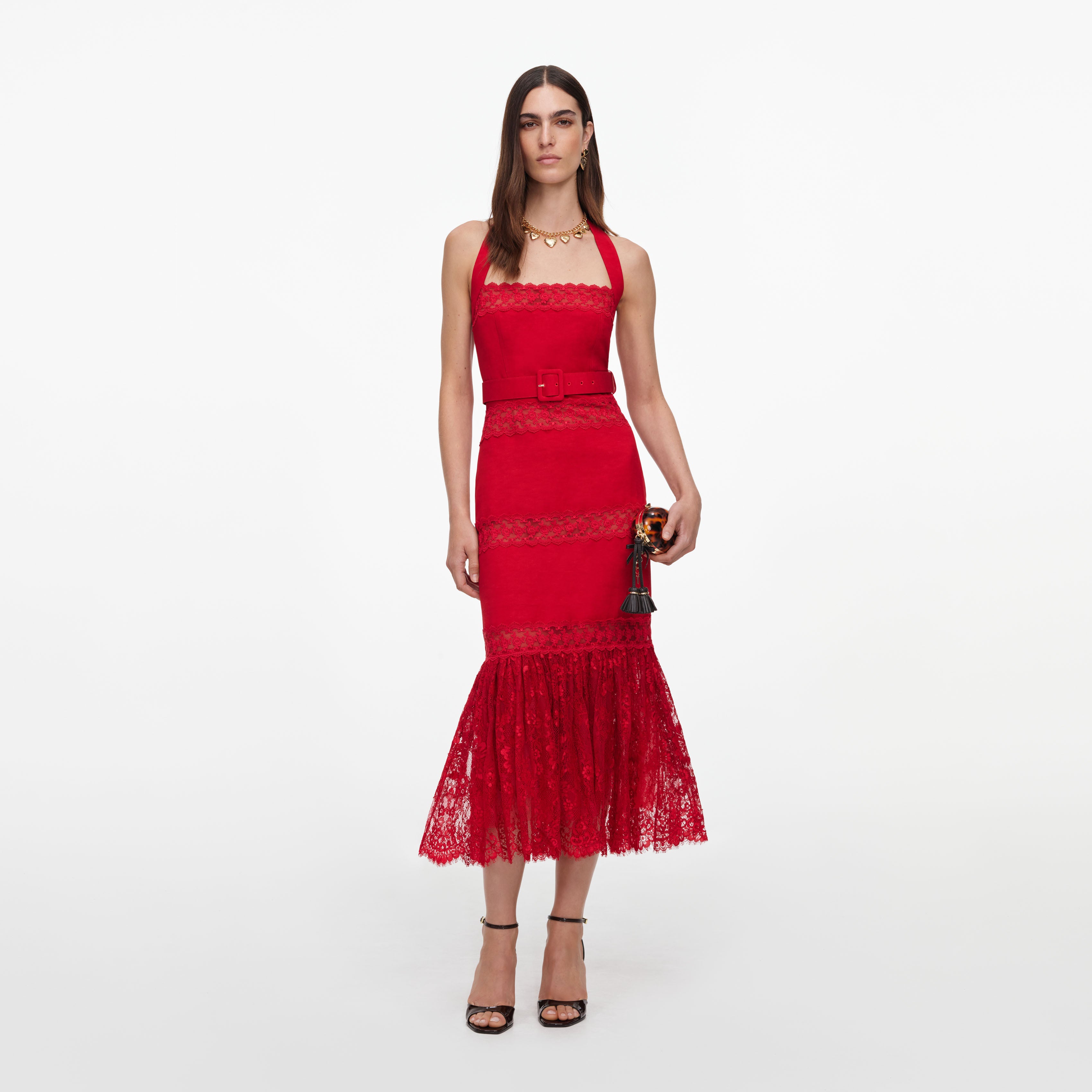 red linen midi dress Red Linen Blend Lace Midi Dress – self-portrait
