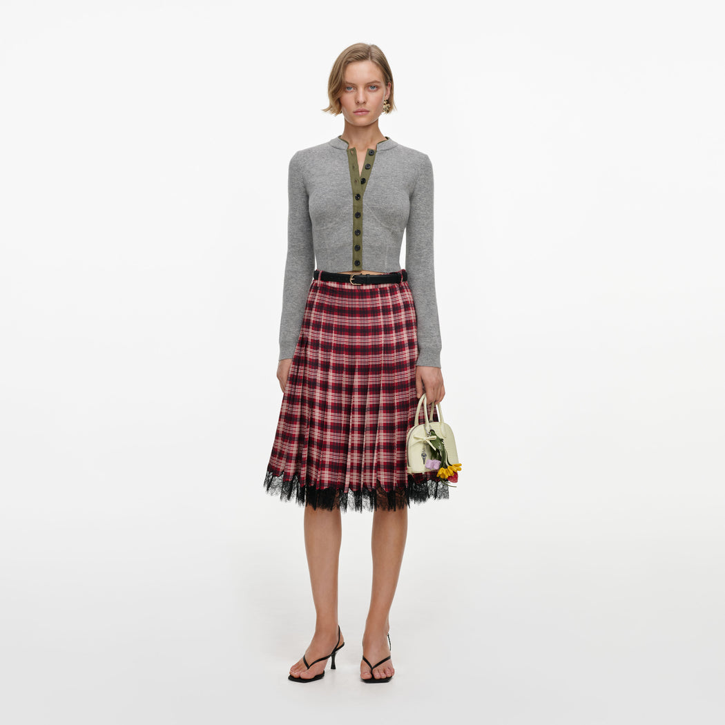 Burgundy Check Chiffon Midi Skirt