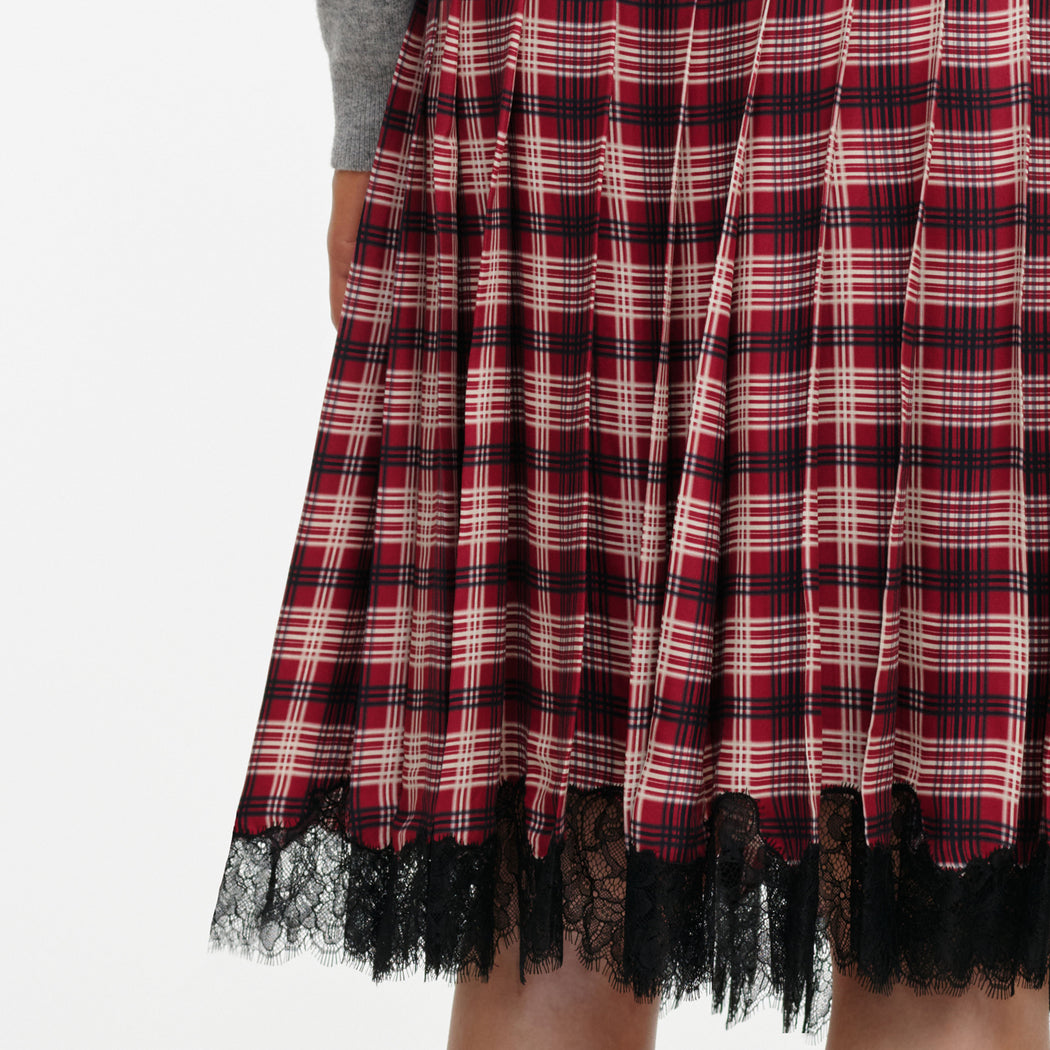 Burgundy Check Chiffon Midi Skirt