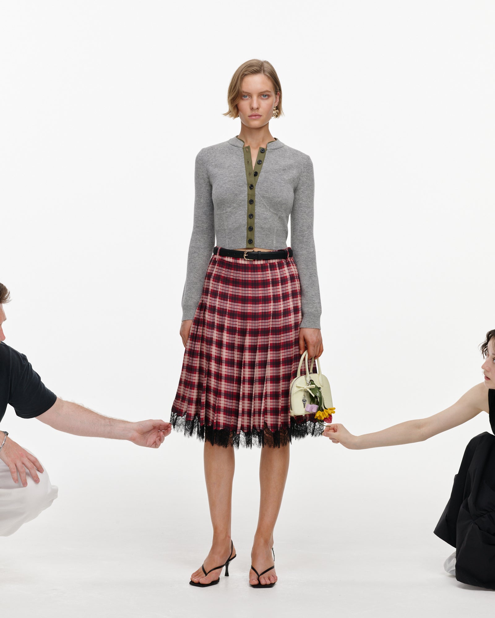Burgundy Check Chiffon Midi Skirt