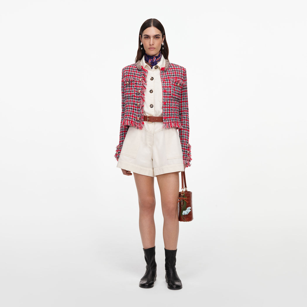 Red Check Frayed Knit Jacket