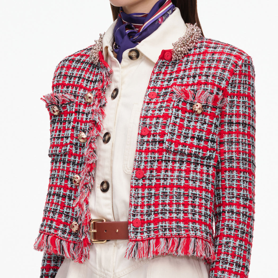 Red Check Frayed Knit Jacket