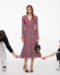 Red Check Frayed Knit Midi Dress