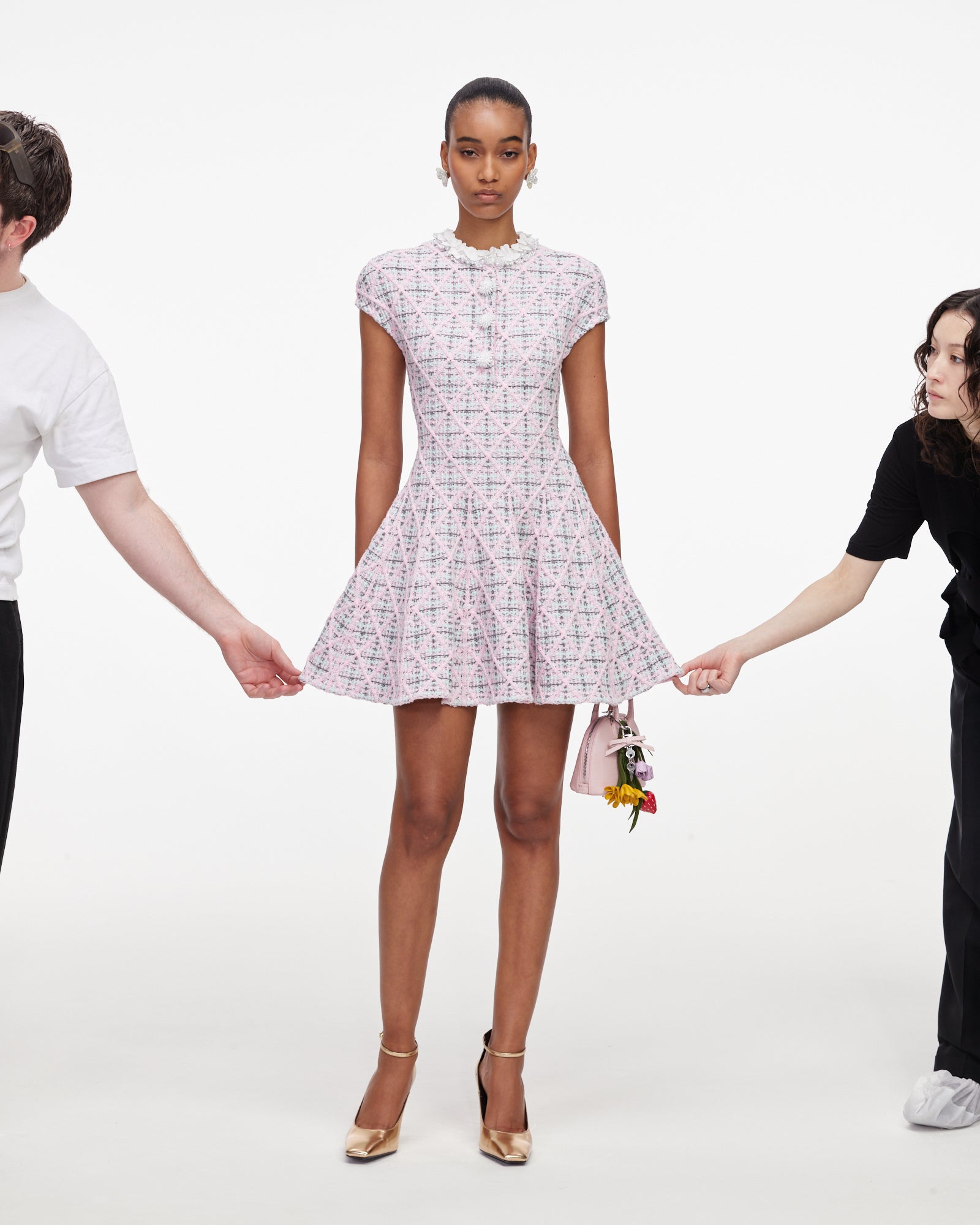 Pink Check Knit Beaded Mini Dress