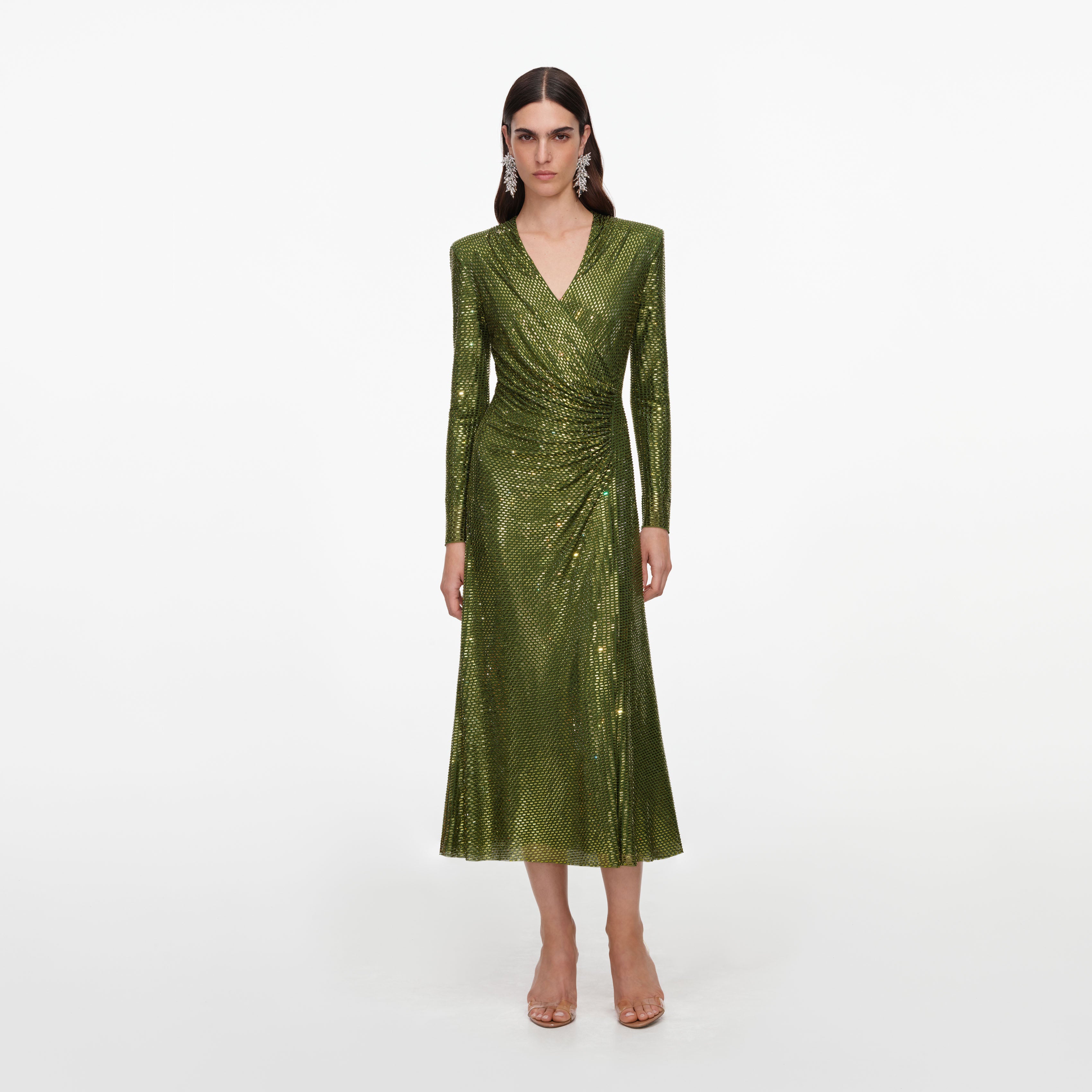self portrait green rhinestone mesh midi dress Olive Wrap – self-portrait Floral Baby Shower Dresses