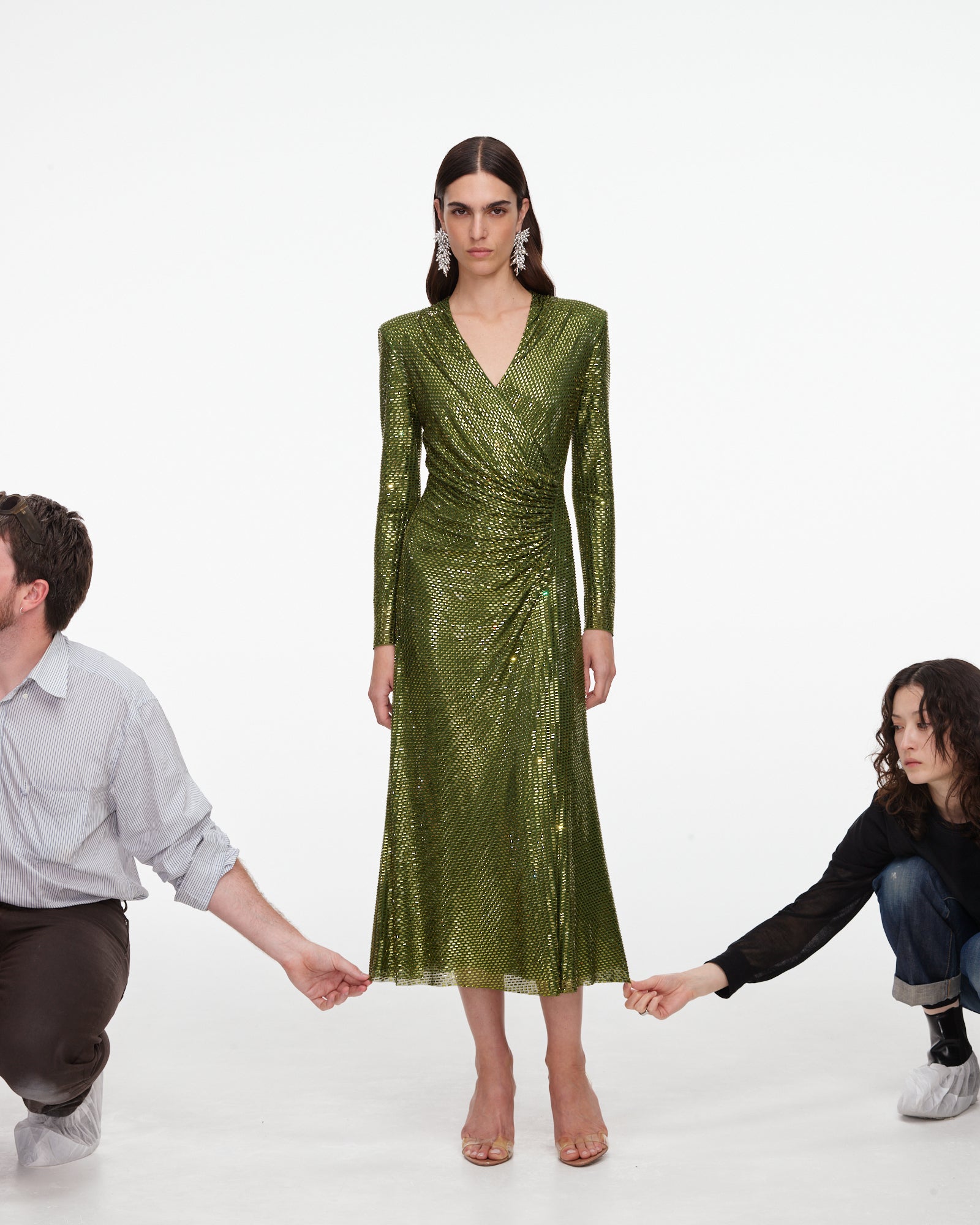 Olive Rhinestone Mesh Wrap Midi Dress self-portrait Olive Rhinestone Mesh Wrap Midi Dress self-portrait