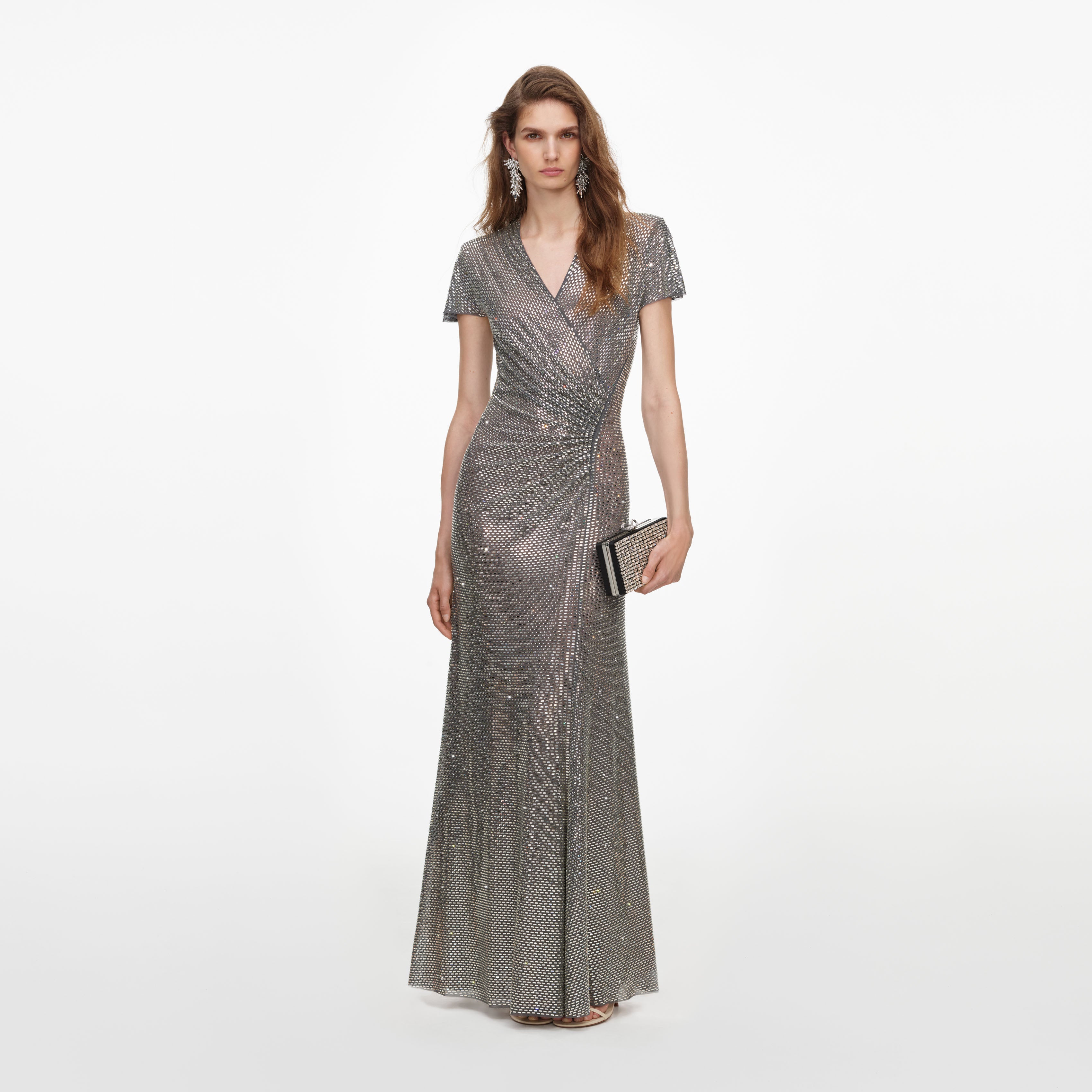 grey wrap maxi dress Velvet Wrap Maxi Bridesmaid Dress With Pockets In Caviar Gray