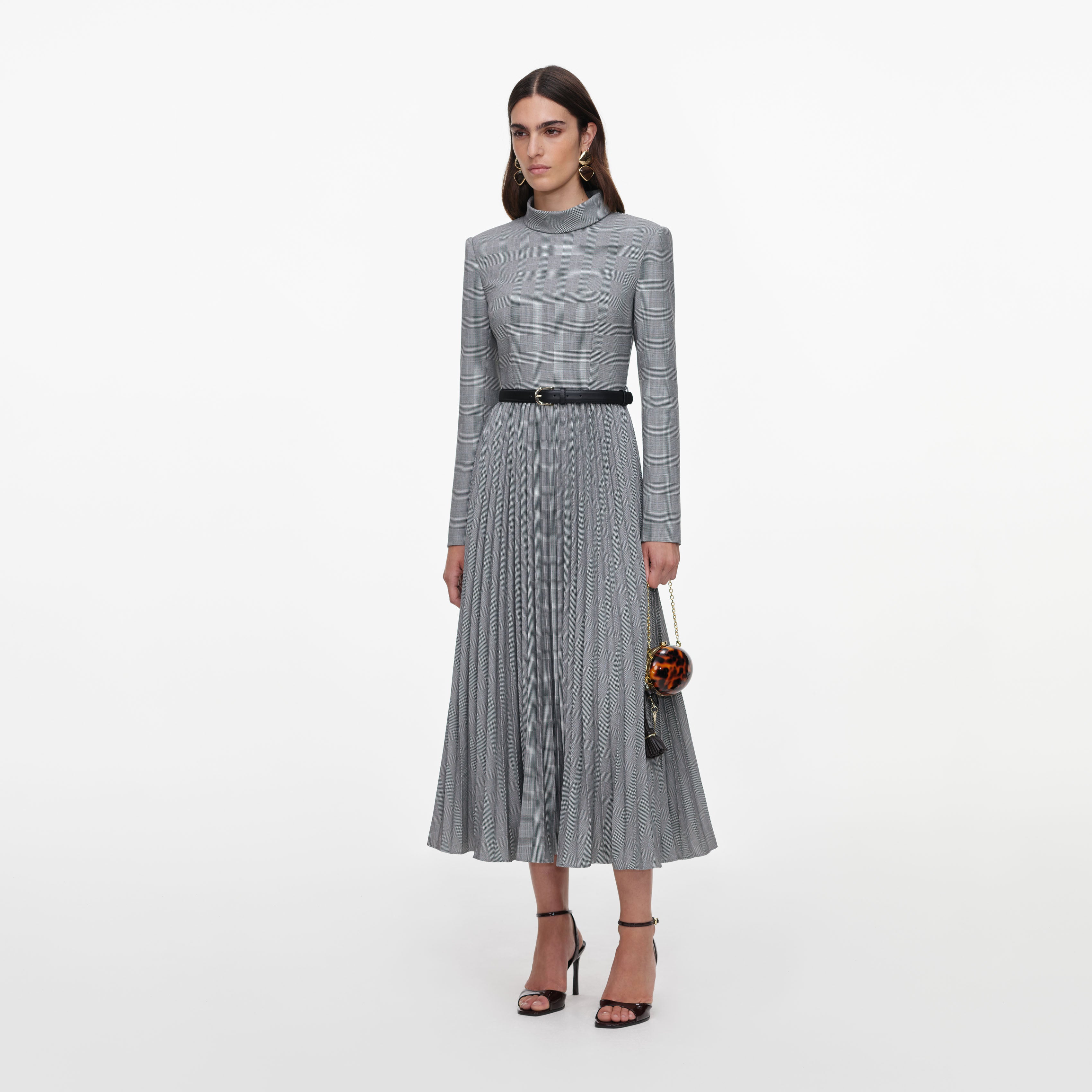 Grey Check Pleated Midi Dress