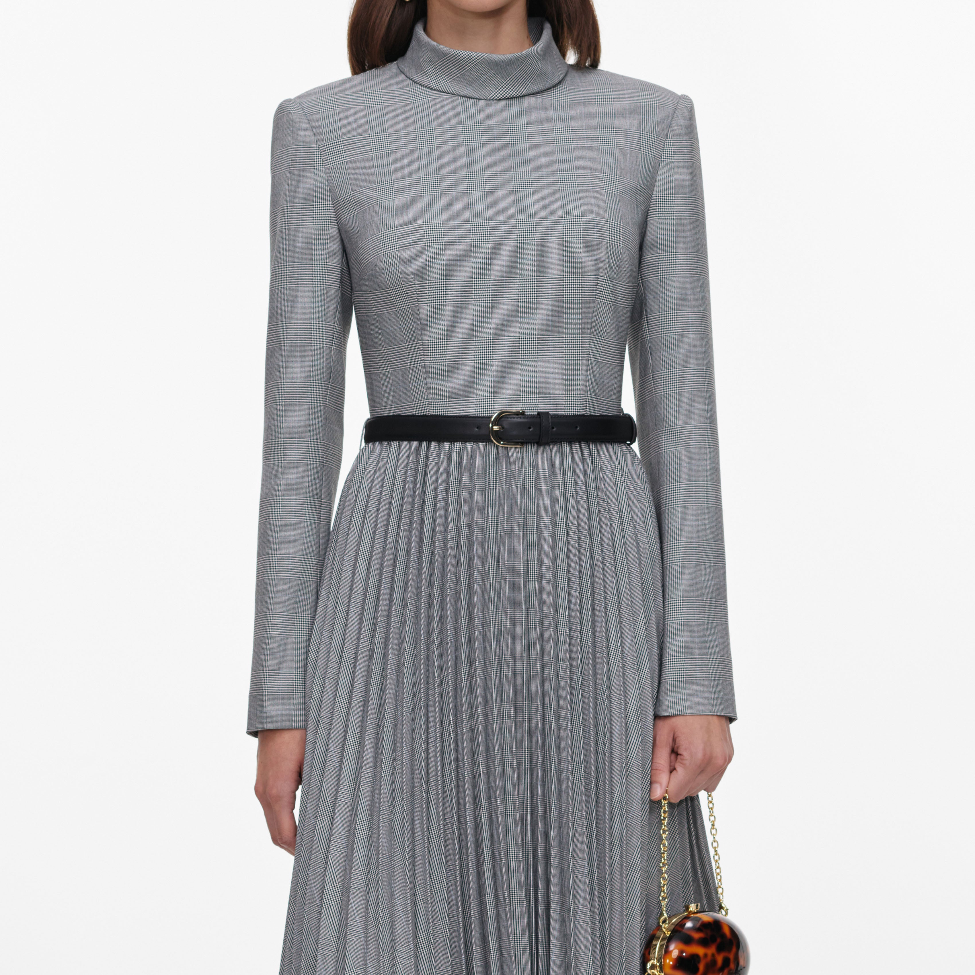 Grey Check Pleated Midi Dress