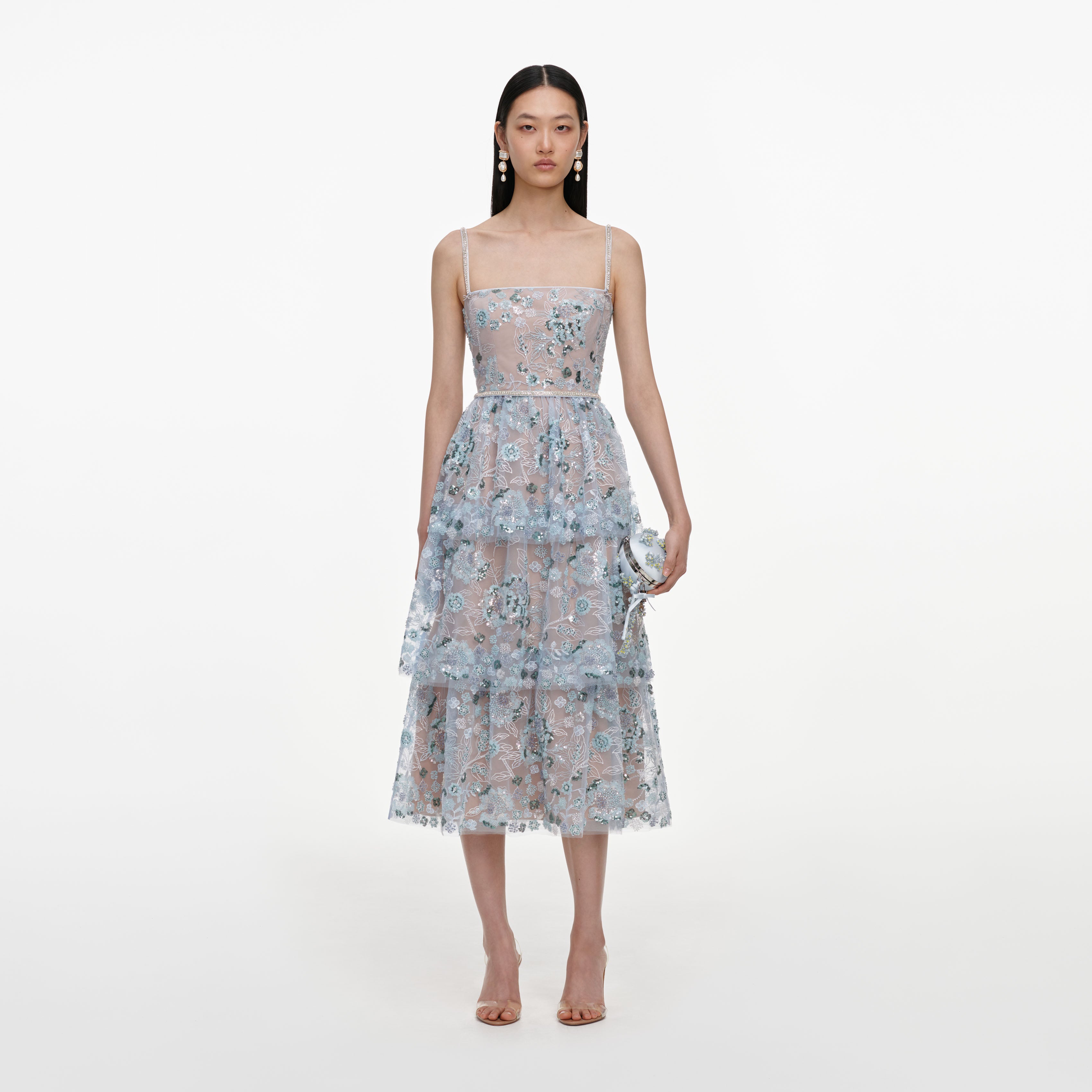 self-portrait tiered striped sequin midi dress Self-Portrait Tiered Striped Sequin Midi Dress