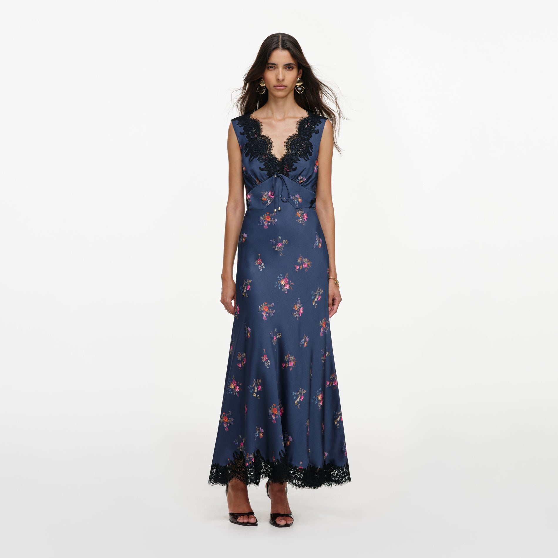 Navy Satin Printed Lace Midi Dress