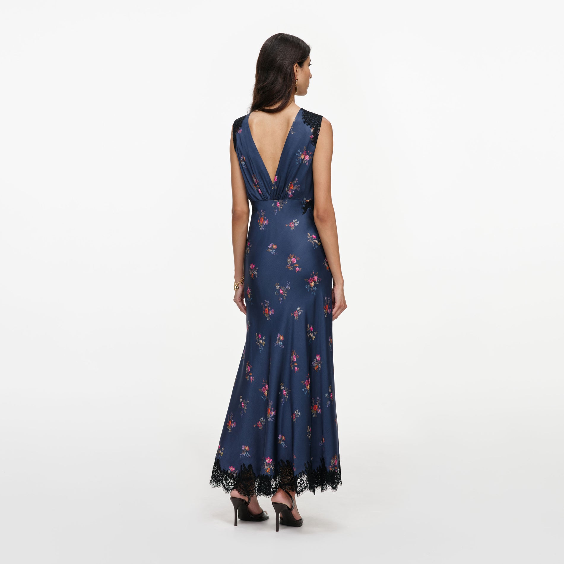 Navy Satin Printed Lace Midi Dress