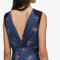 Navy Satin Printed Lace Midi Dress
