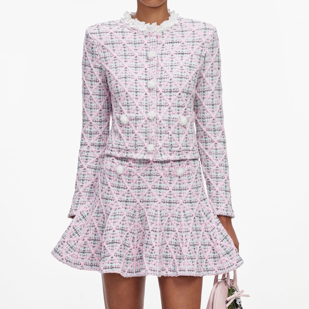 Pink and blue tweed jacket and skirt set with pearl buttons and ruffled collar