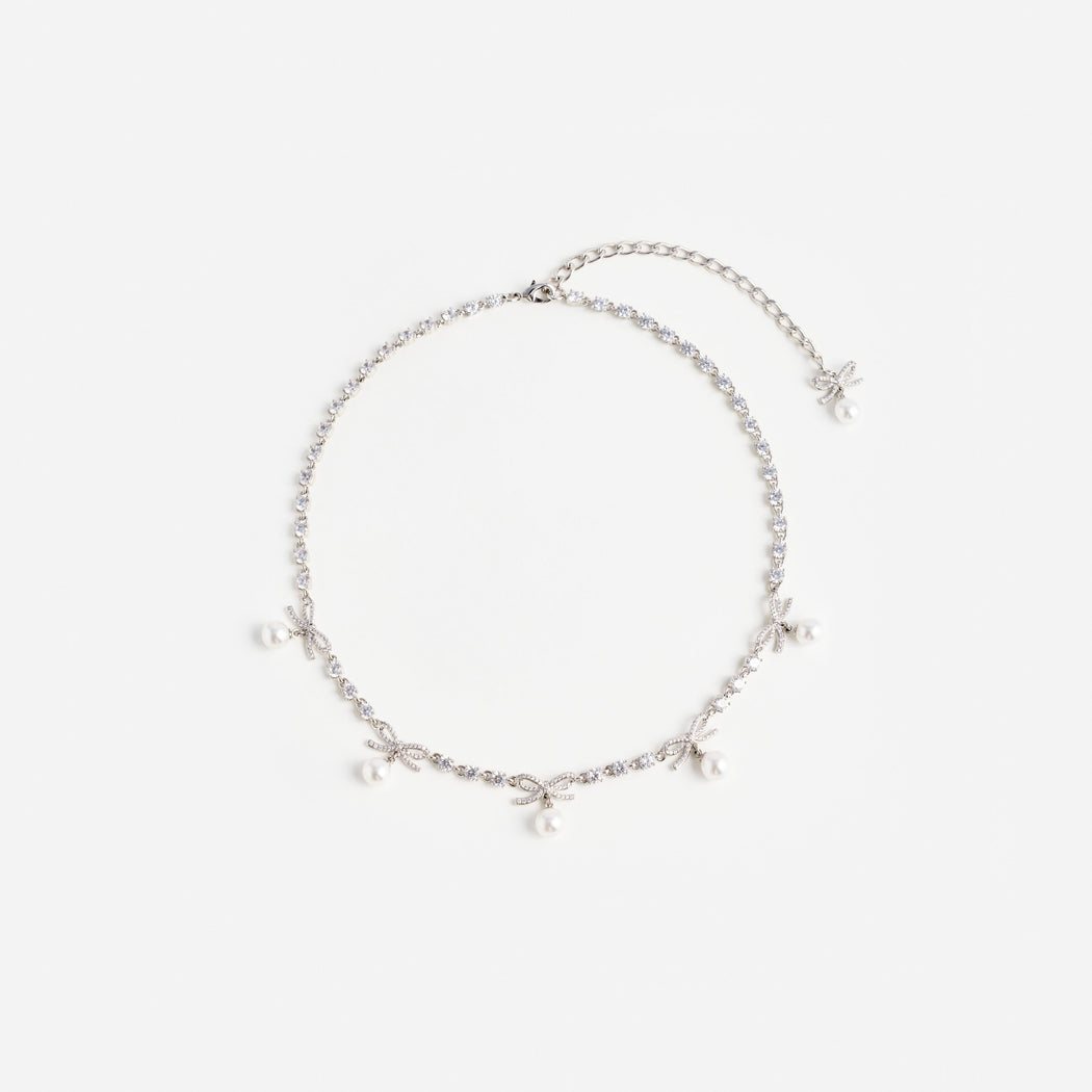 Crystal Bow Pearl Charm Necklace