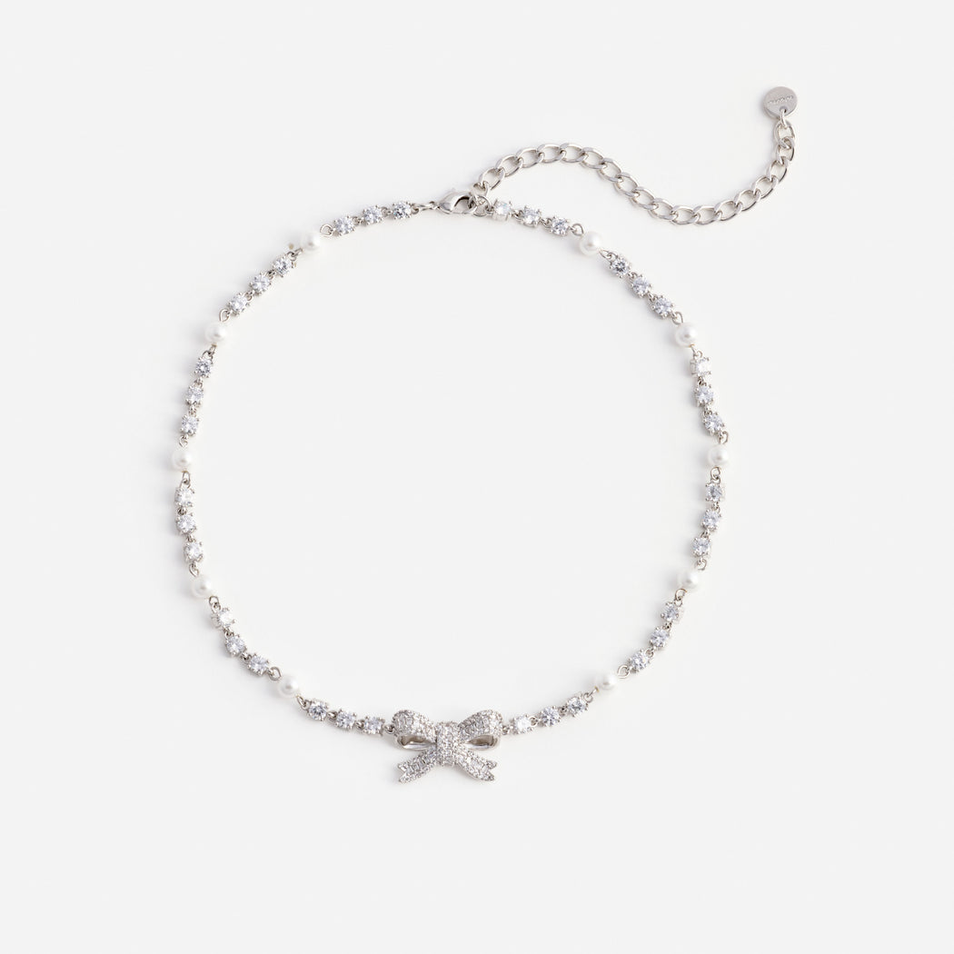 Crystal Pearl Bow Necklace