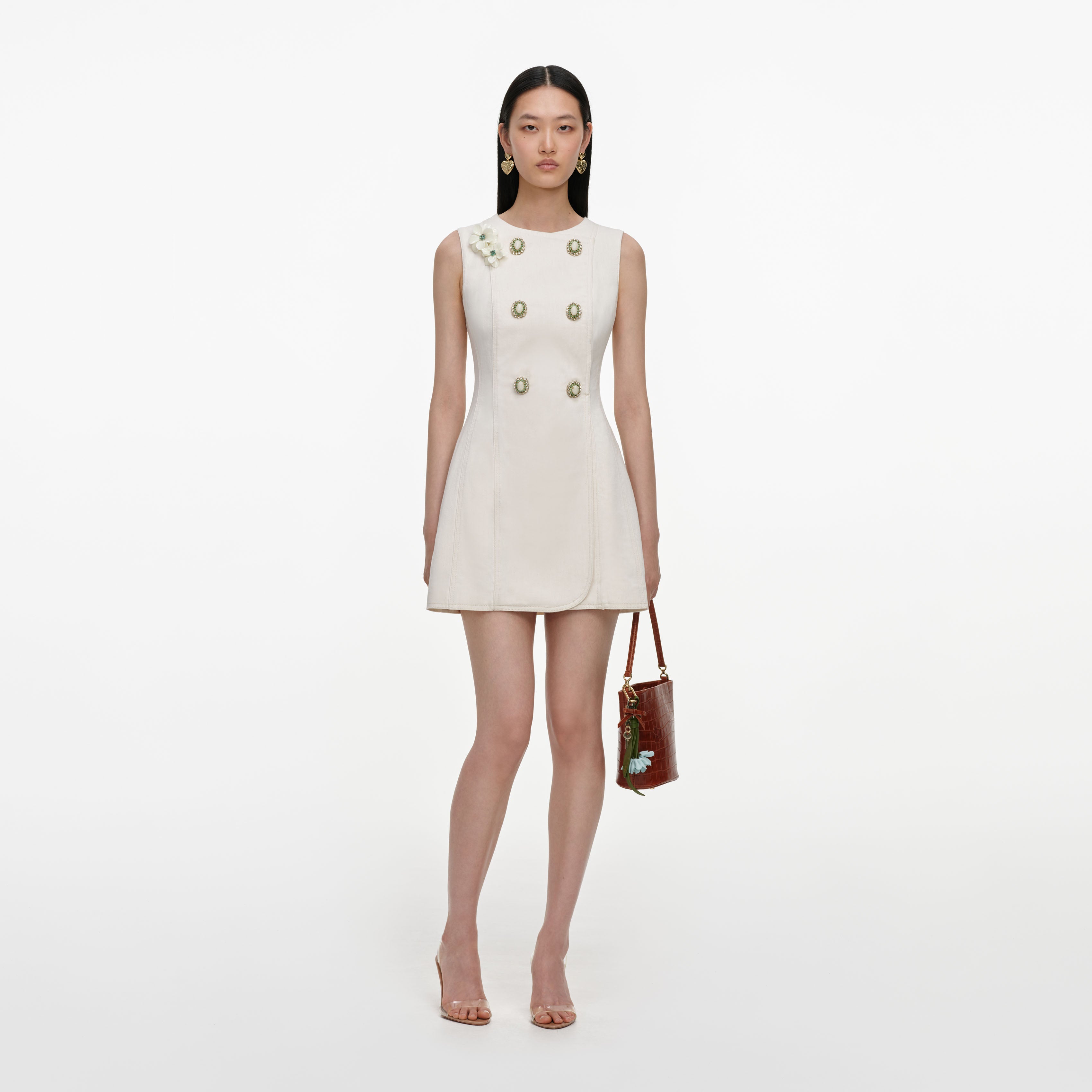 Cream Denim Double Breasted Mini Dress – self-portrait