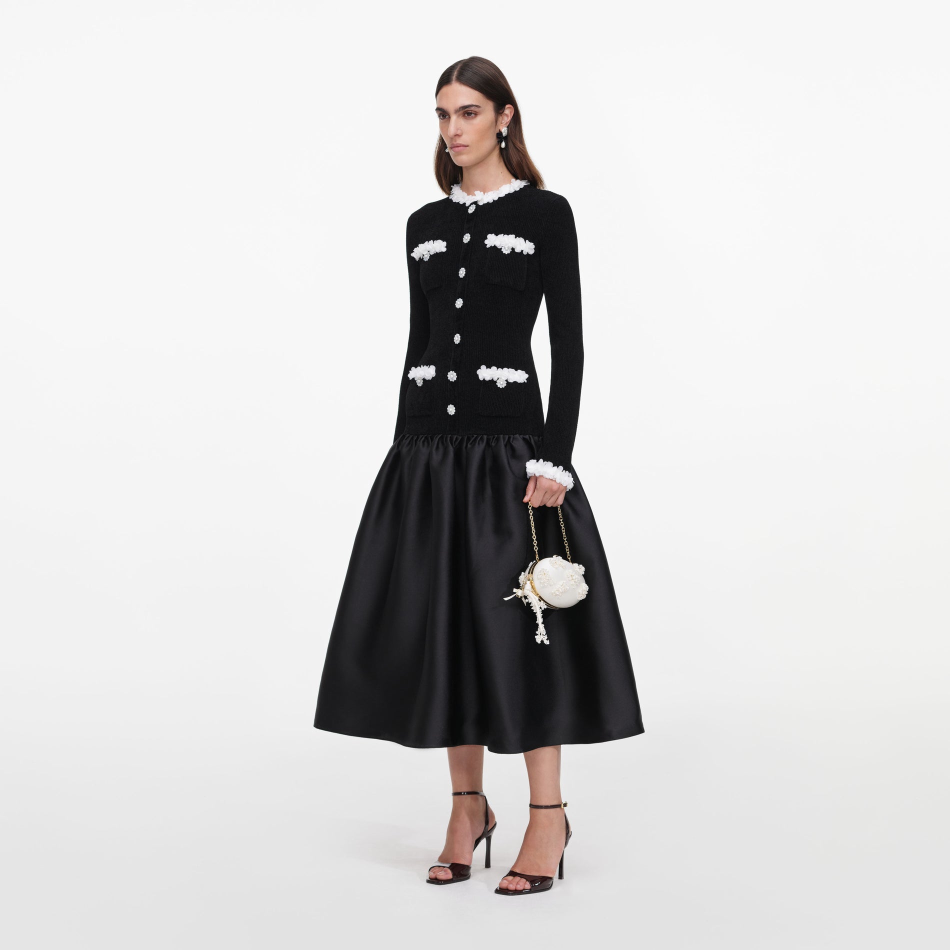 Black Chenille Taffeta Midi Dress