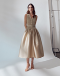 Gold Sleeveless Knit Taffeta Midi Dress