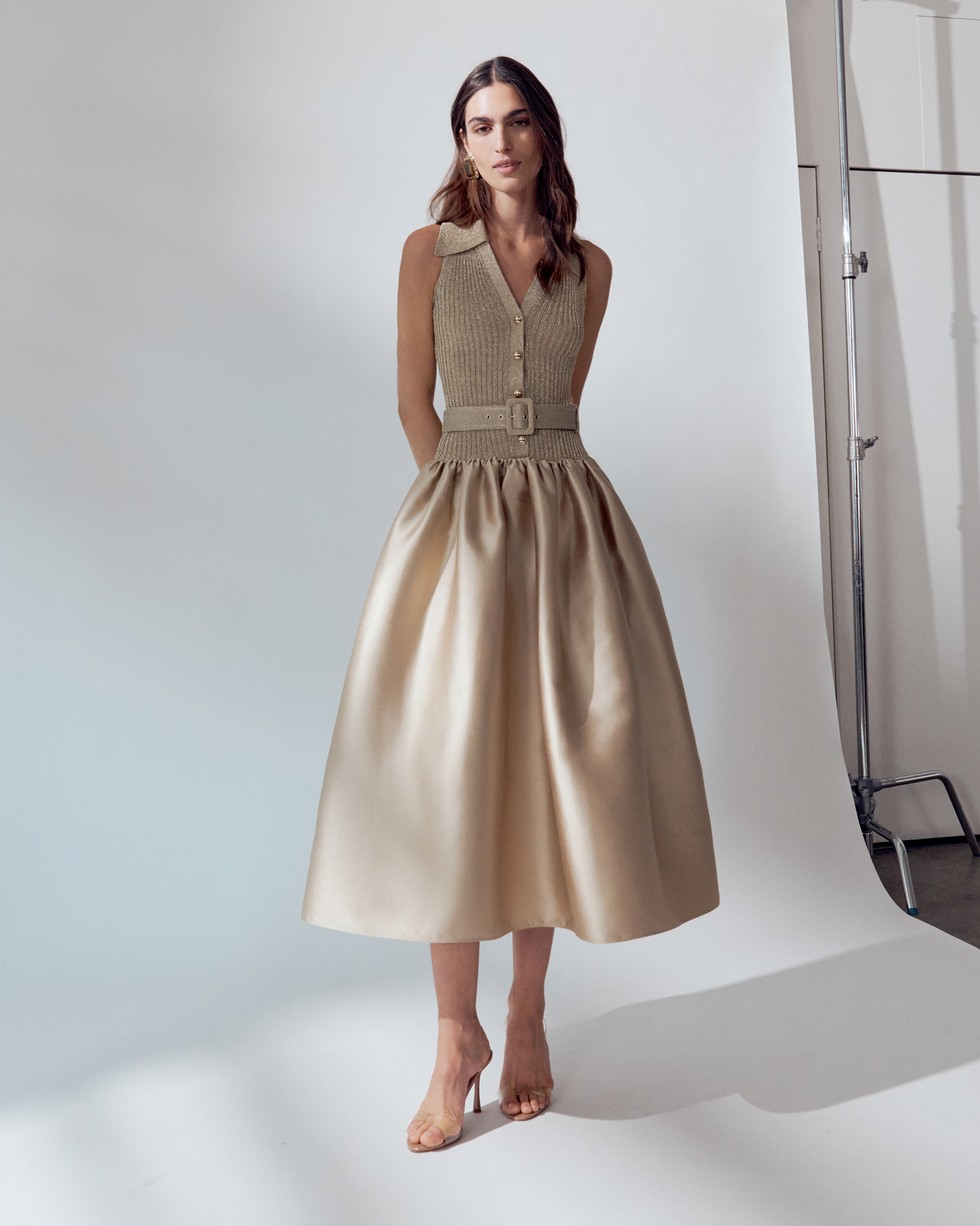 Gold Sleeveless Knit Taffeta Midi Dress