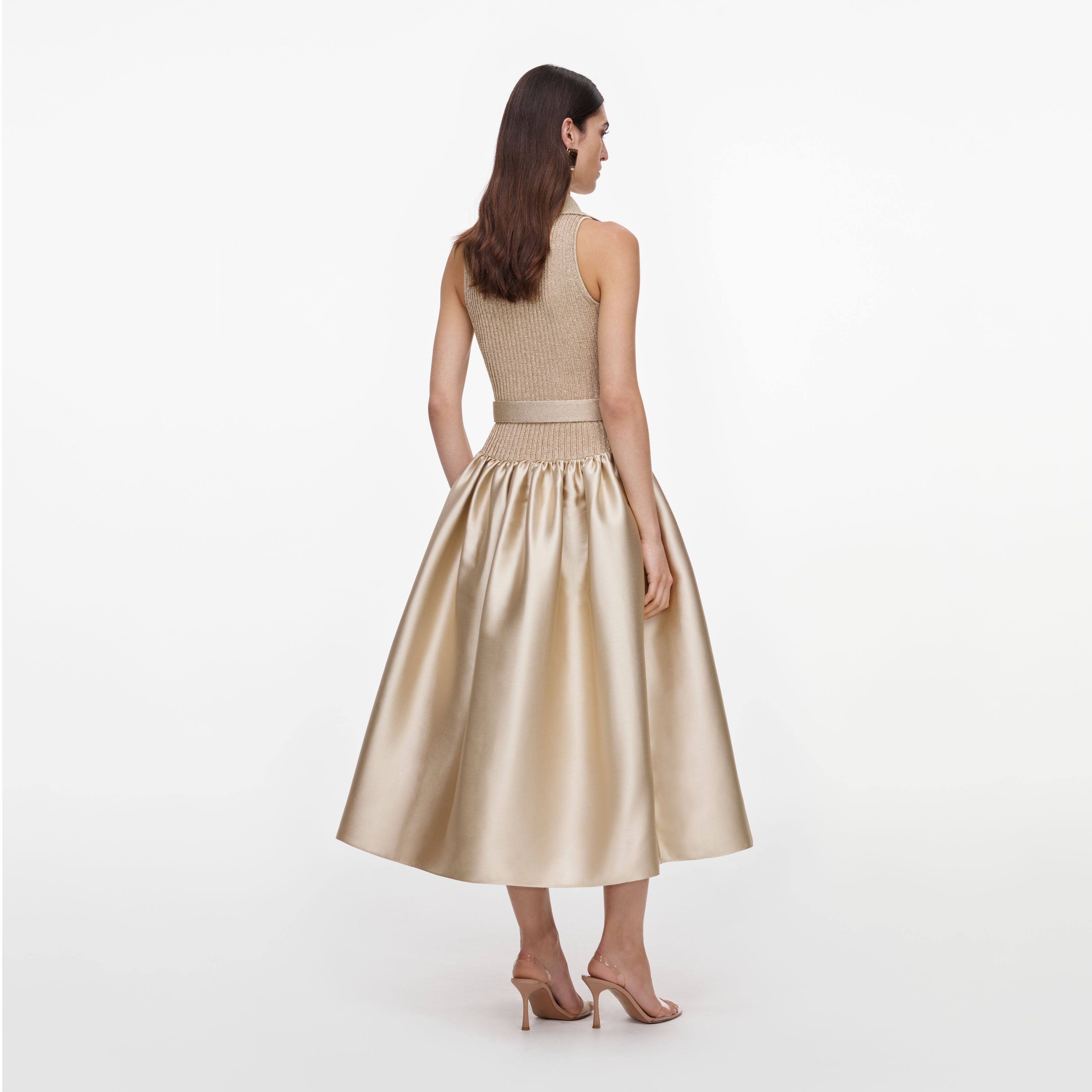 Gold Sleeveless Knit Taffeta Midi Dress